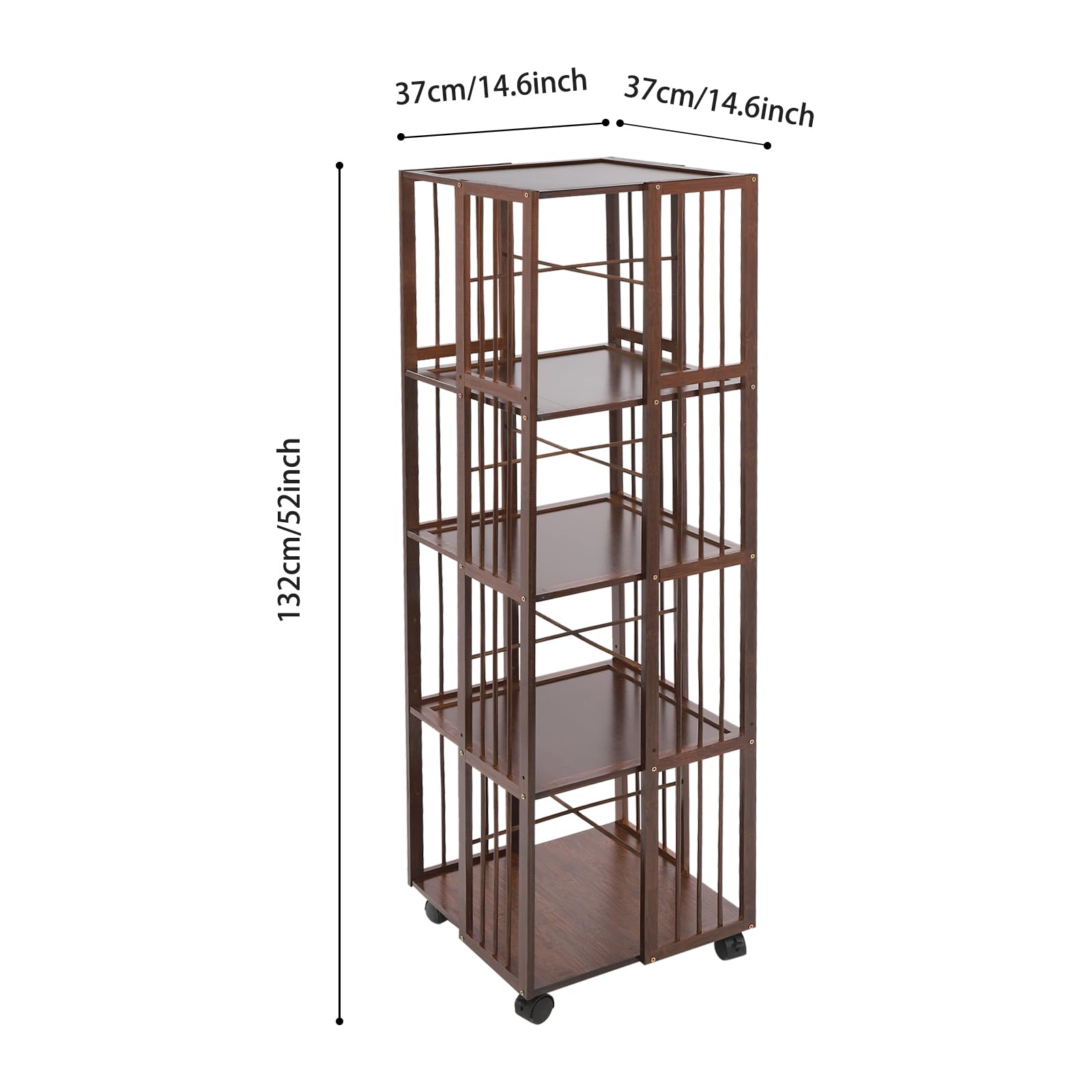 OUKANING Estantería giratoria de 5 niveles con ruedas, estantería de bambú para libros, capacidad de carga de 100 kg, giratoria 360 ° y móvil con frenos, estantería de pie que ahorra espacio para