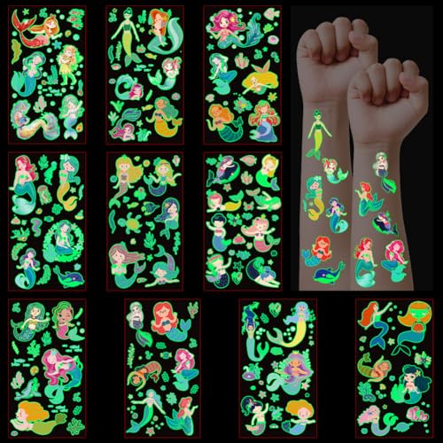 DiULi Tatuajes Temporales Niños, 10 Hojas Luminosos Tatuajes Temporales, Impermeables, Pegatinas Tattoos Infantiles, Calcomanias Niña para Relleno Piñata Cumpleaños, Colegio Fiesta (Serie de Sirena)