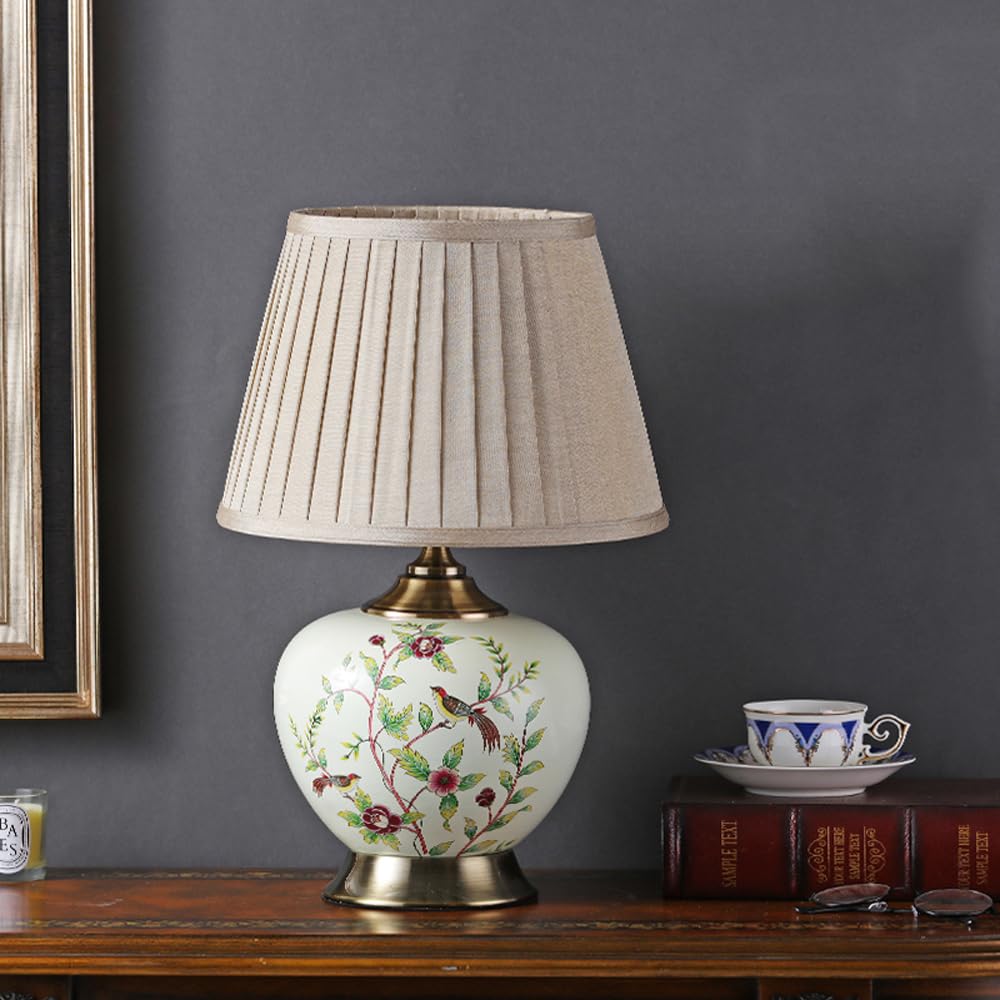 SANBDDLYY Charming Blue Ceramic Table Lamp Floral Design - Retro Mid Century Nightstand for Bedroom, Living Room, and Office(White,Linen Shade)