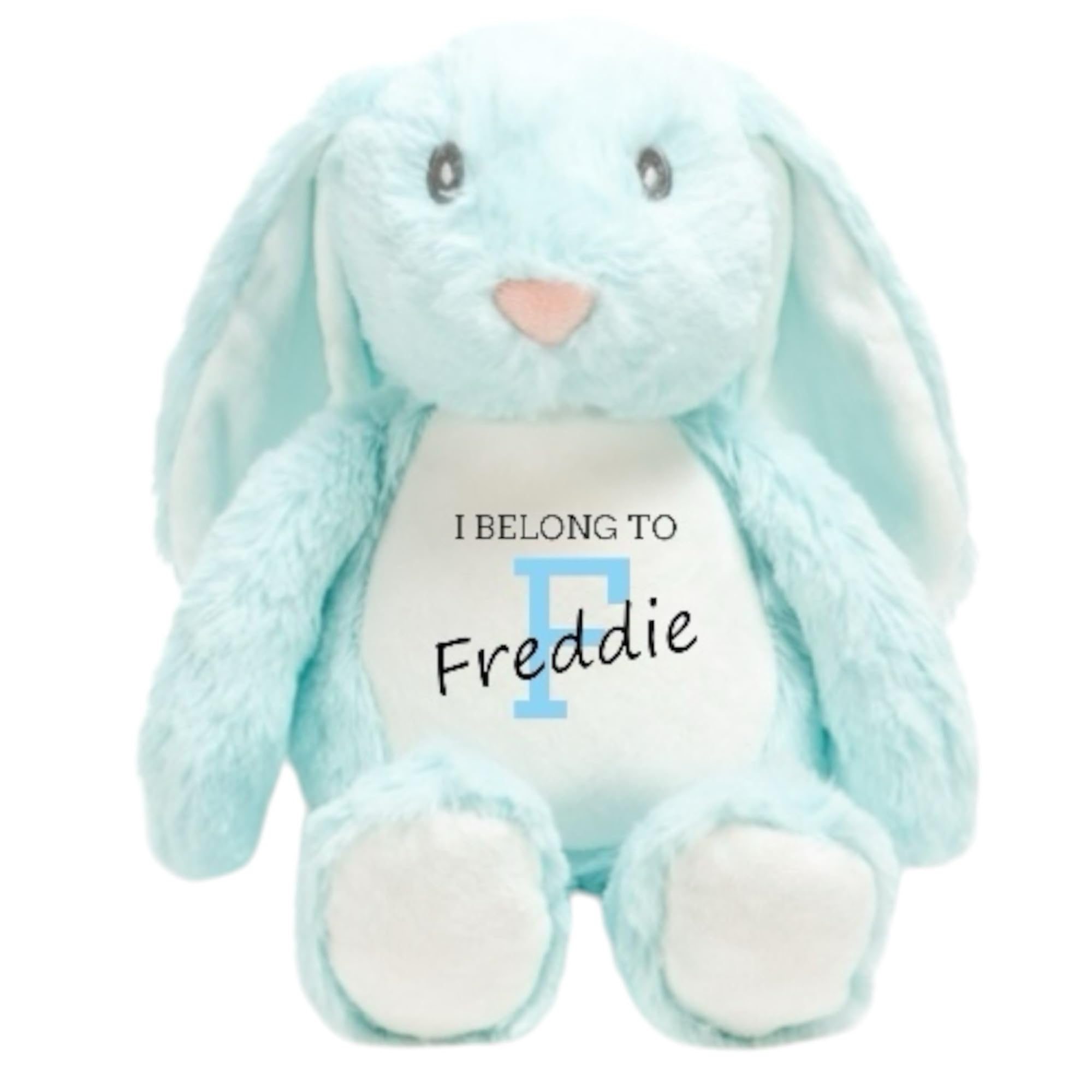 Personalised Soft Toy Teddy | Cow Monkey Unicorn Tiger Giraffe Elephant Pig Fox Dinosaur Bunny (Blue Bunny)