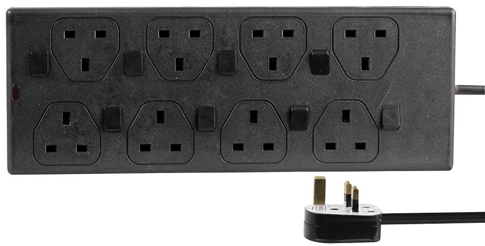 Pro Elec Black 8 Gang Switched Extension Lead, 2M,