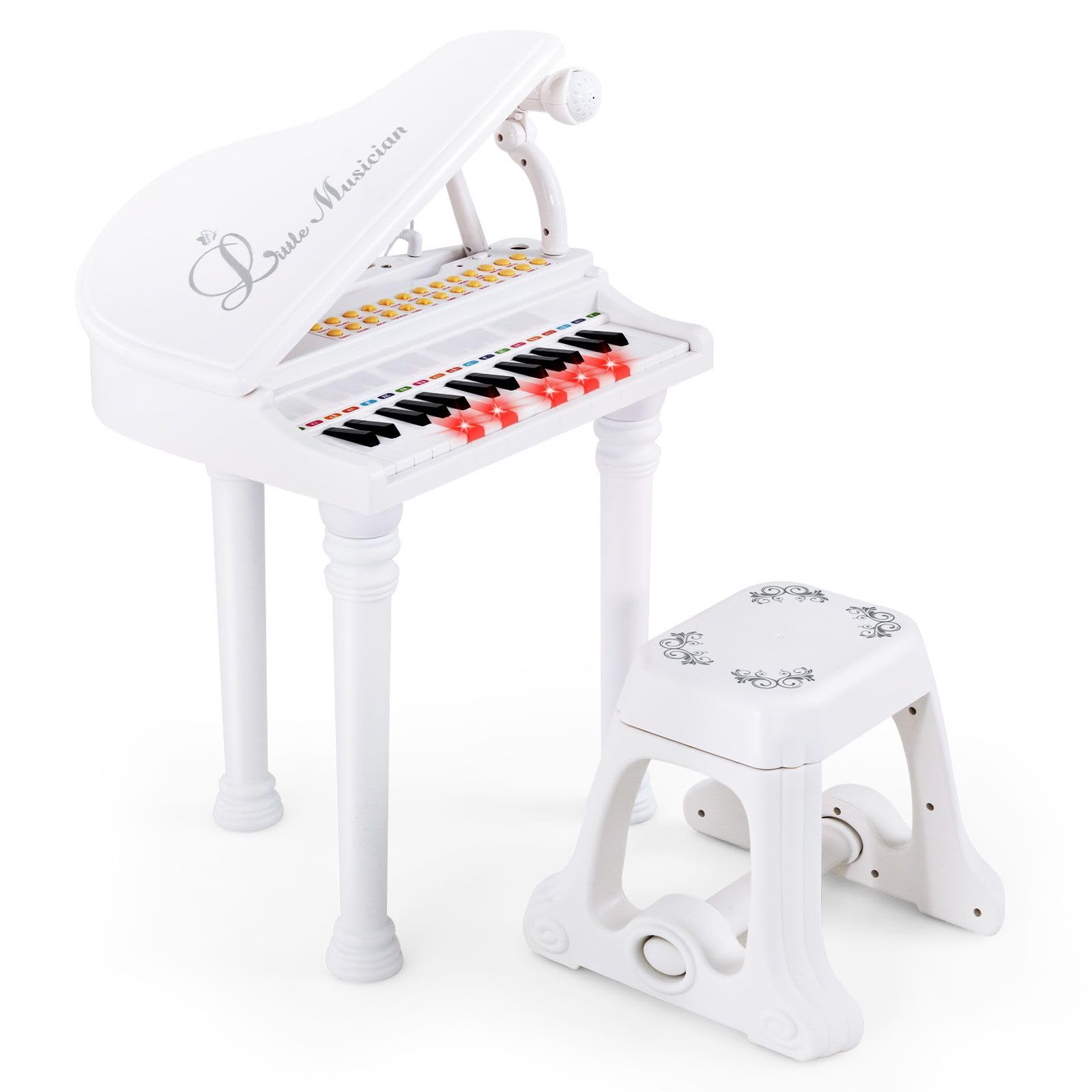 COSTWAY 31-Key Kids Toy Piano, Children Electronic Keyboard with Stool, Microphone, LED Teaching Mode, Recording and Play Function, Toddlers Musical Instrument for Boys Girls (Pink)