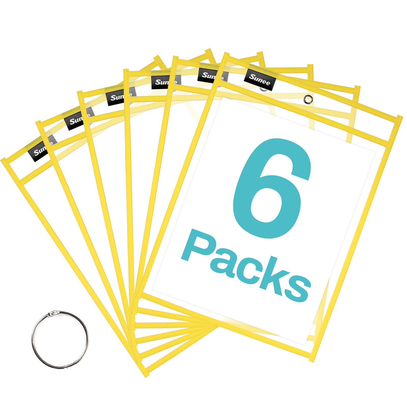 SUNEE 6 Packs Oversized Reusable Dry Erase Pocket Sleeves with Ring, Yellow 10x14 Ticket Holders, Clear Plastic Sheet Protectors, Teacher School Classroom Supplies