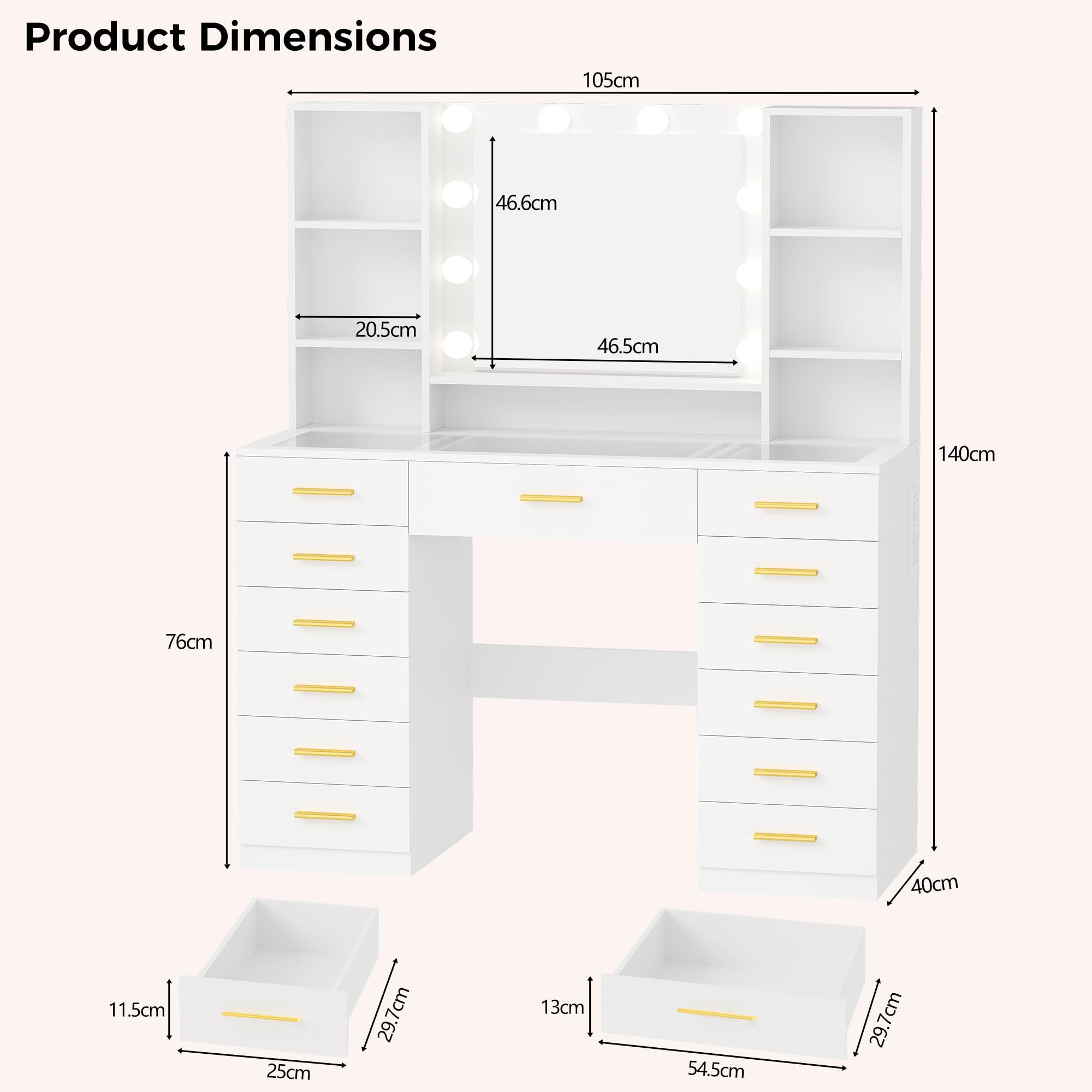 BEWISHOME Toeletta con Specchio LED, Toeletta Trucco con Luci Regolabili e Prese, Toletta con Piano in Vetro, Moderna Tavolo da Trucco con 13 Cassetti, 6 Ripiani Aperti, Bianco 105x40x140, EFST61W