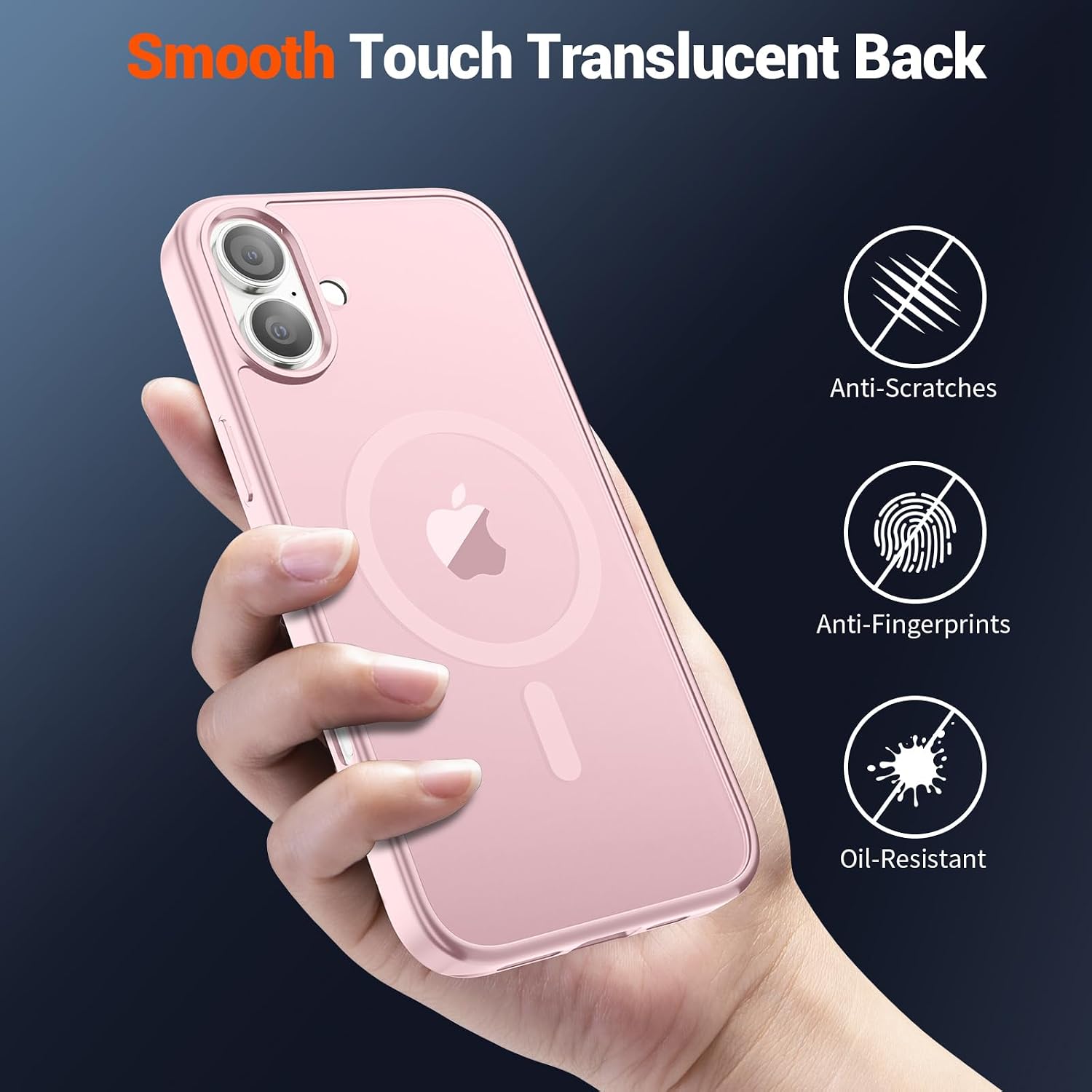Close-up of the translucent matte back of the case, highlighting its anti-scratch, anti-fingerprint, and oil-resistant properties.