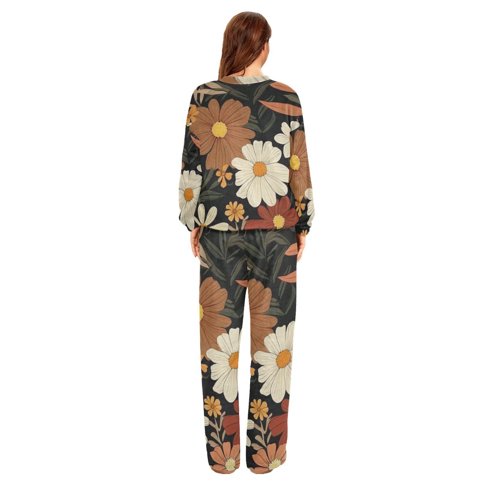 Pigiama da donna in morbido pile a due pezzi con fiori marroni retrò per donne a maniche lunghe girocollo set