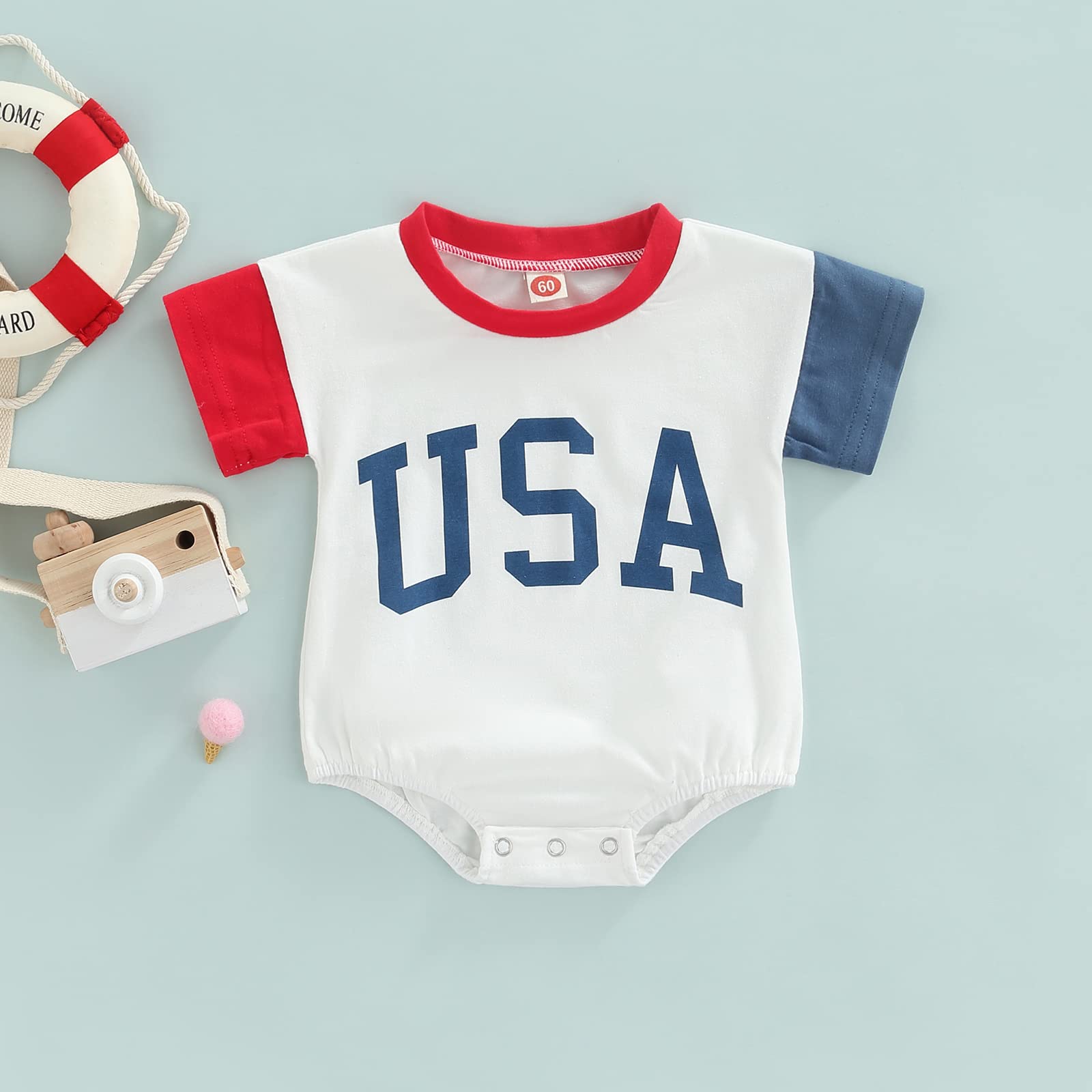 4th of July Baby Boys Bubble Romper Toddlers Girls Boys Outfit Contrast Color Short Sleeves Letter One-Piece Rompers (Red, 0-3 Months)