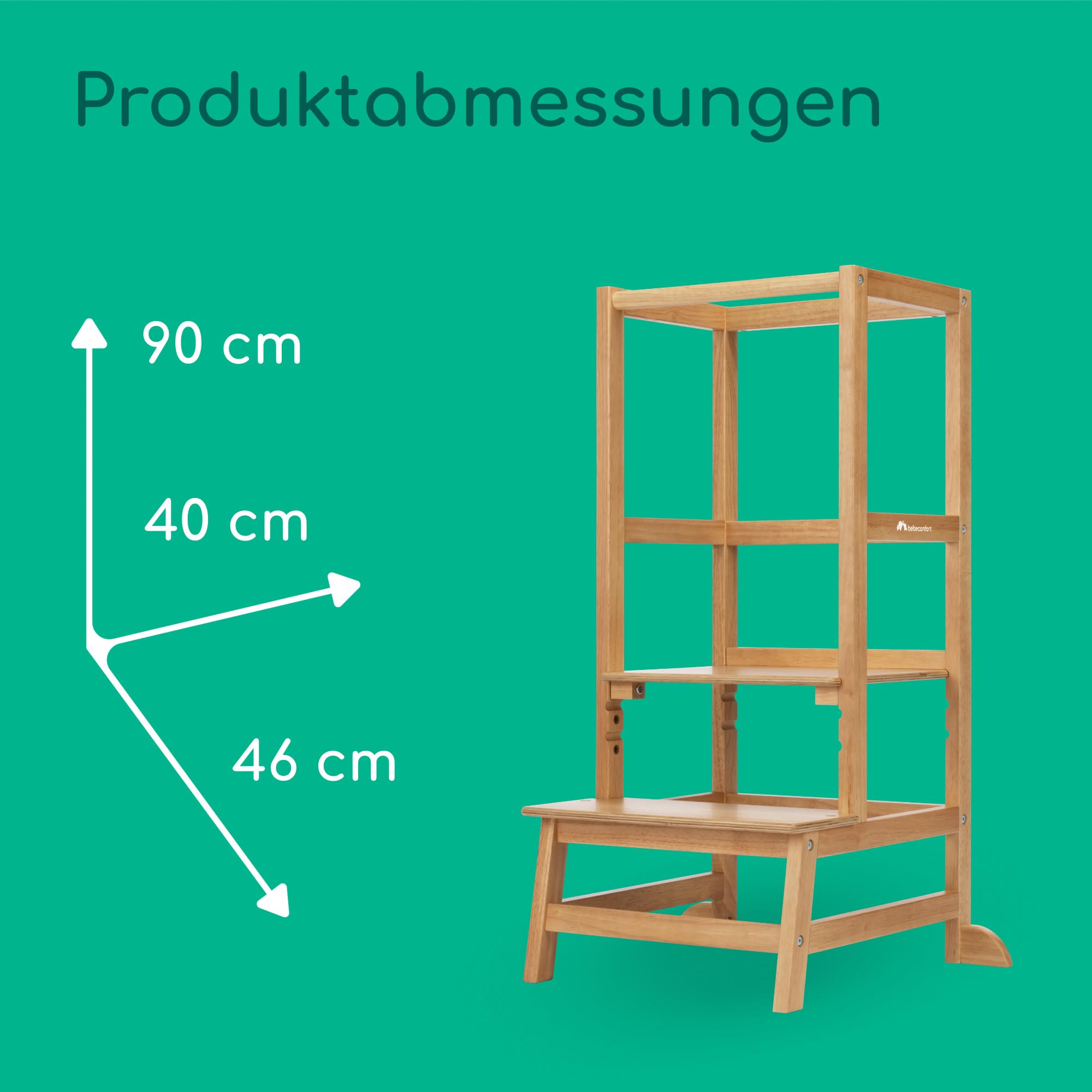 Bebeconfort Nola, Montessori Lernturm Kinder, 1,5–6 Jahre (bis zu 30 kg), 3 Höhenstufen, geprüfte Sicherheit, 6,4 kg leichter Turm für Kleinkinder, langlebiges Design, einfache Montage, Natural Wood