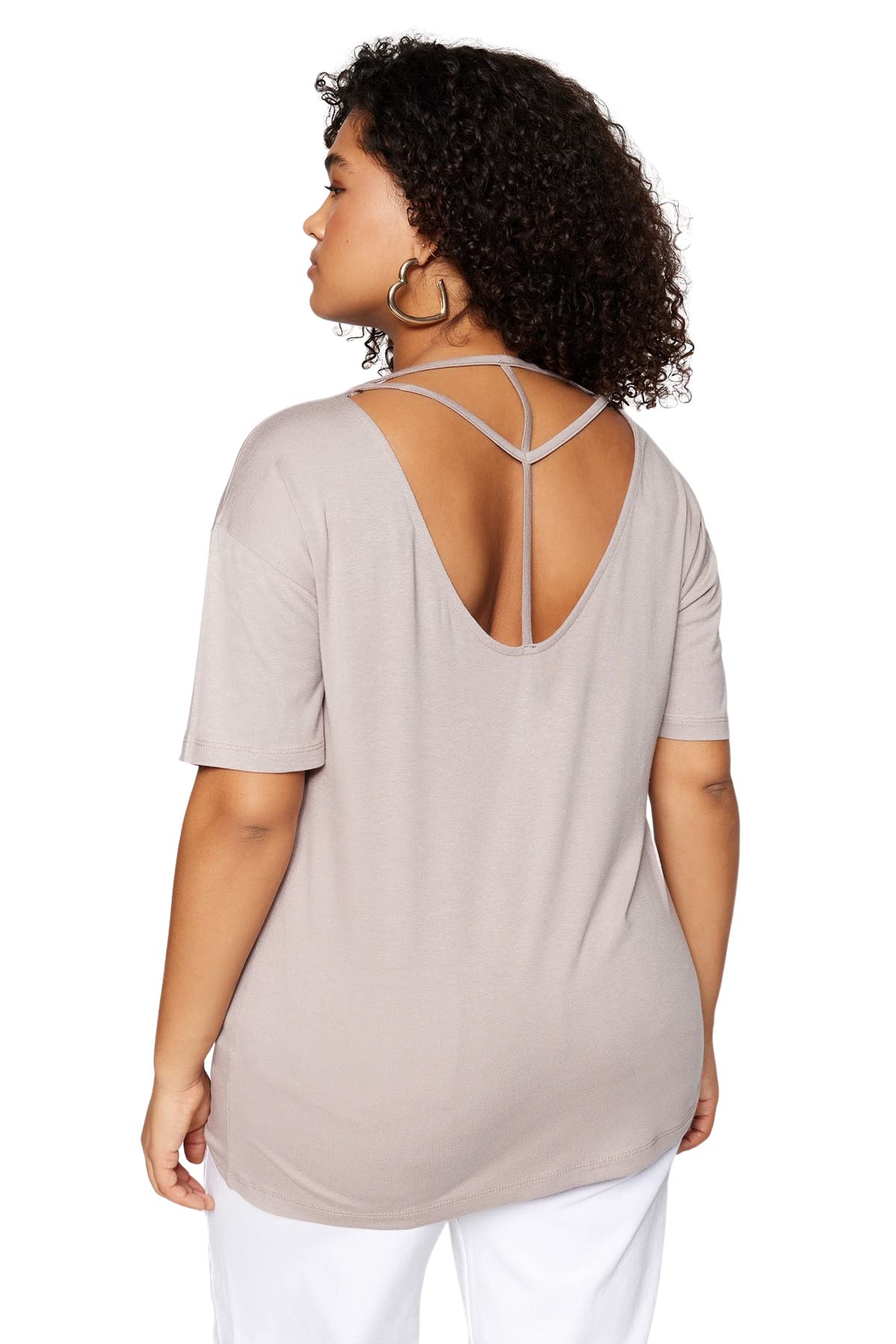 Trendyol Women Plus Size Regular fit Basic V Neck Knit Plus Size T-Shirt,Mink,2XL