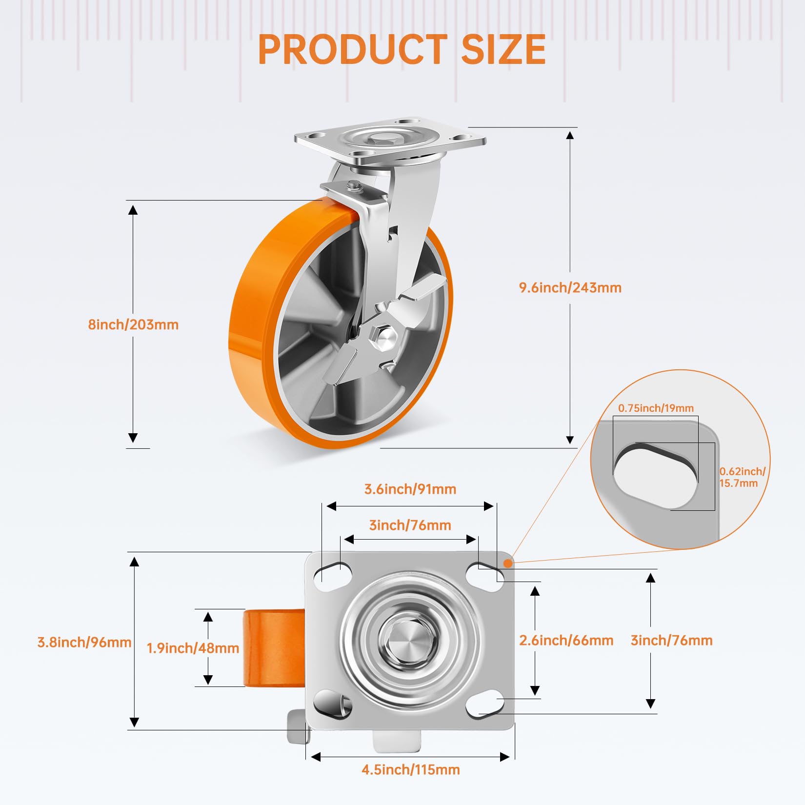 W B D WEIBIDA 200mm Rotelle per Mobili Pesanti con Freno, Ruote Girevoli in Poliuretano Durevoli e Robuste, Ruote con nucleo in alluminio, Capacità 2700KG, Ruote per Mobili o Carichi Pesanti, Set di 4