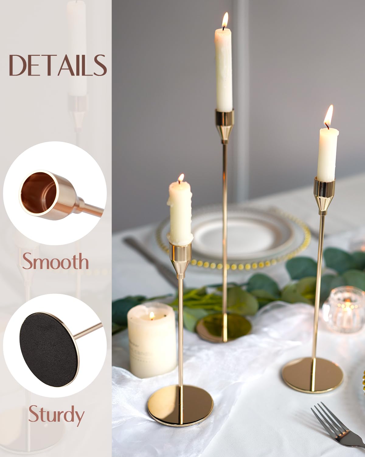 Candlestick Holders Taper Candle Holders, Set of 3 Candle Stick Holders Set, Brass Gold Candlestick Holder Set, Vintage Modern Decorative Centerpiece for Table Wedding