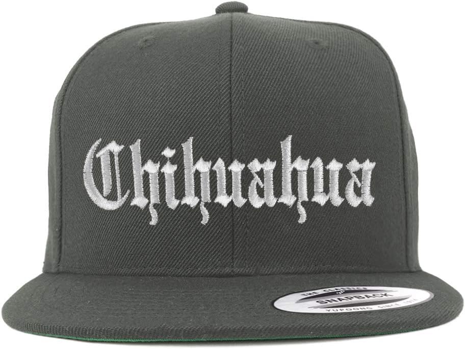 Trendy Apparel Shop Old English Chihuahua White Embroidered Flatbill Snapback Baseball Cap
