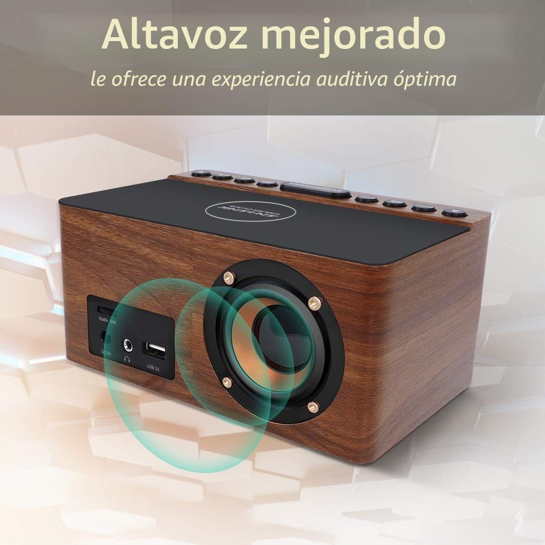 ANJANK Radio Despertador Digital de Madera con estación de Carga inalámbrica, 10 W, Cargador rápido inalámbrico para iPhone/Samsung Galaxy, Puerto de Carga USB, Radio Reloj sin Tic TAC.
