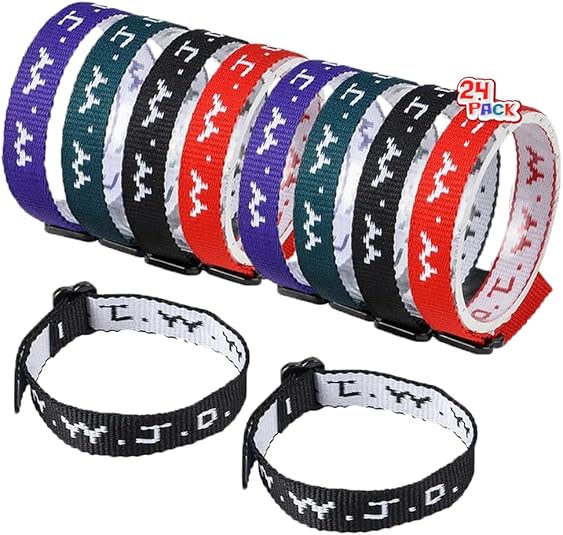 ArtCreativity WWJD Bracelets (Pack of 24) - What Would Jesus Do Wrist Band - Universal Size -W.W.J.D. Webbing Bands - Four Assorted Colors - Religious Party Favors for Boys and Girls