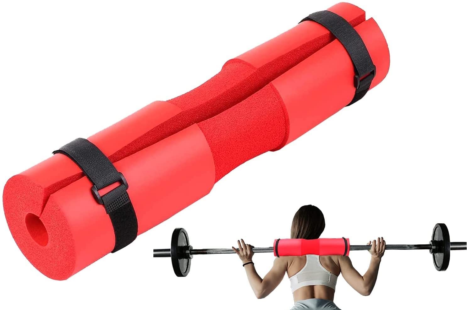 Marshal FitnessBarbell Squat Pad Rapid Recovery Shoulder Support Foam Sponge Mat with Safety Straps for Lunges Squats Hip Thrusts Fitness On Standard and Olympic Barbells-RED-Mf-0390