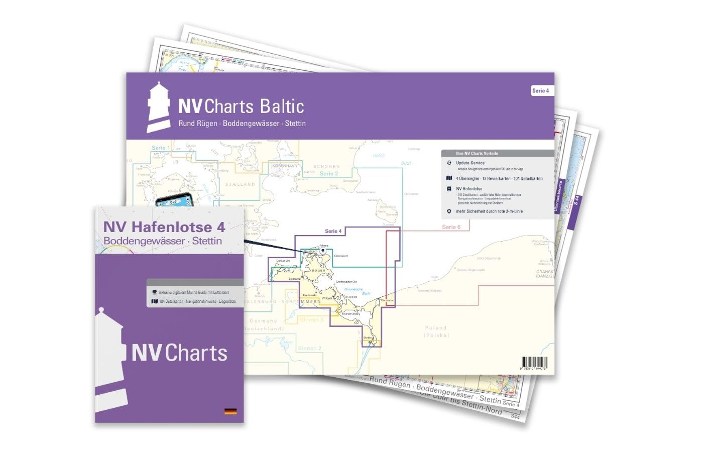 NV Plano Serie 4 mit App Lizenz - Seekarte Ostsee - Rund Rügen - Boddengewässer - Stettin
