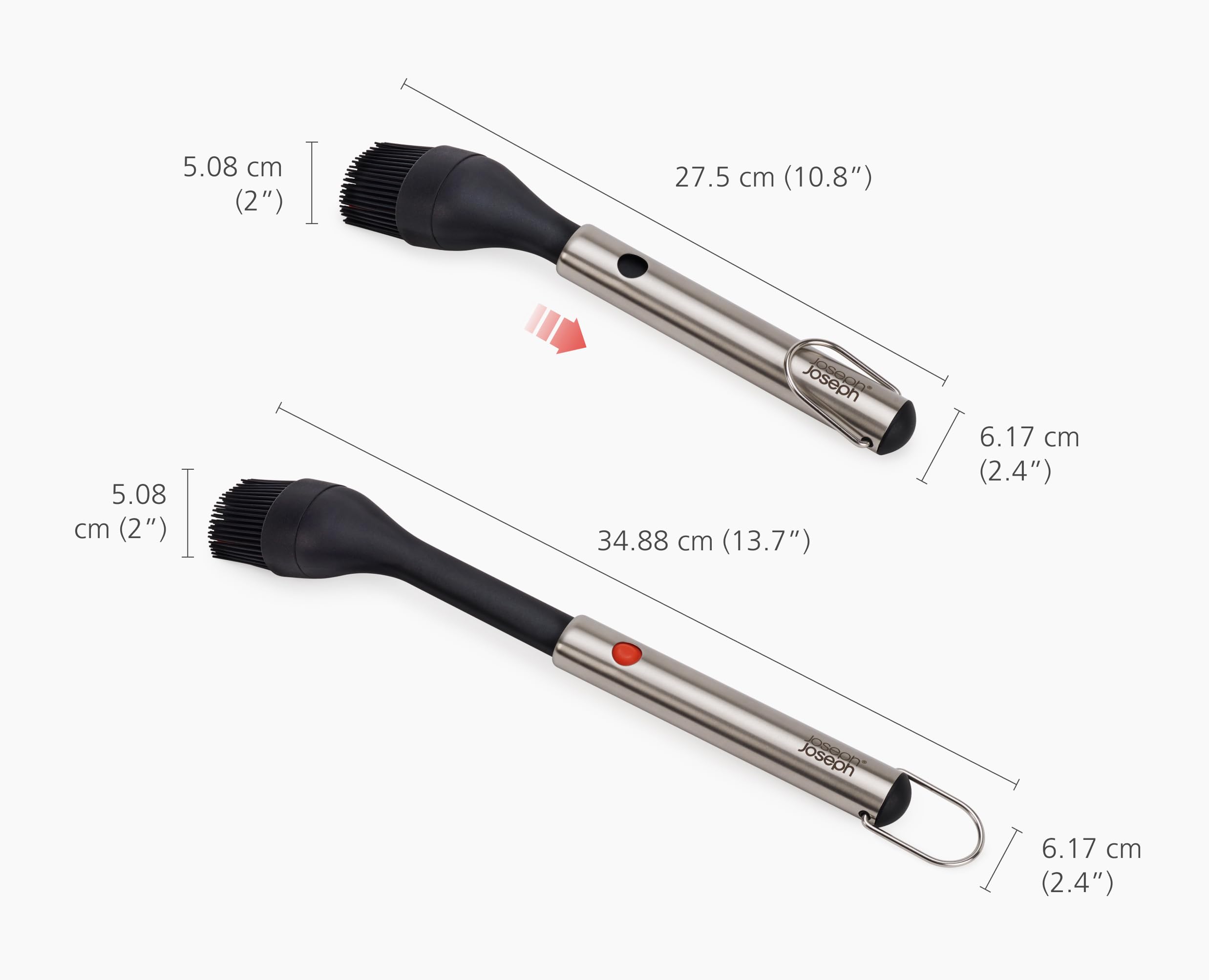 Joseph Joseph GrillOut Pennello per BBQ in Silicone con Testa Retrattile, Setole Resistenti ad Alte Temperature, Manico in Acciaio Inox, Facile da Pulire