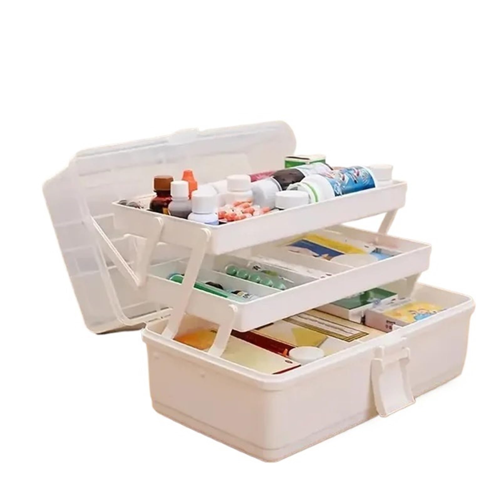 Sewing Box Three Layer Plastic Arts and Crafts Storage, Folding Toolbox, Miscellaneous Art for Home(White)
