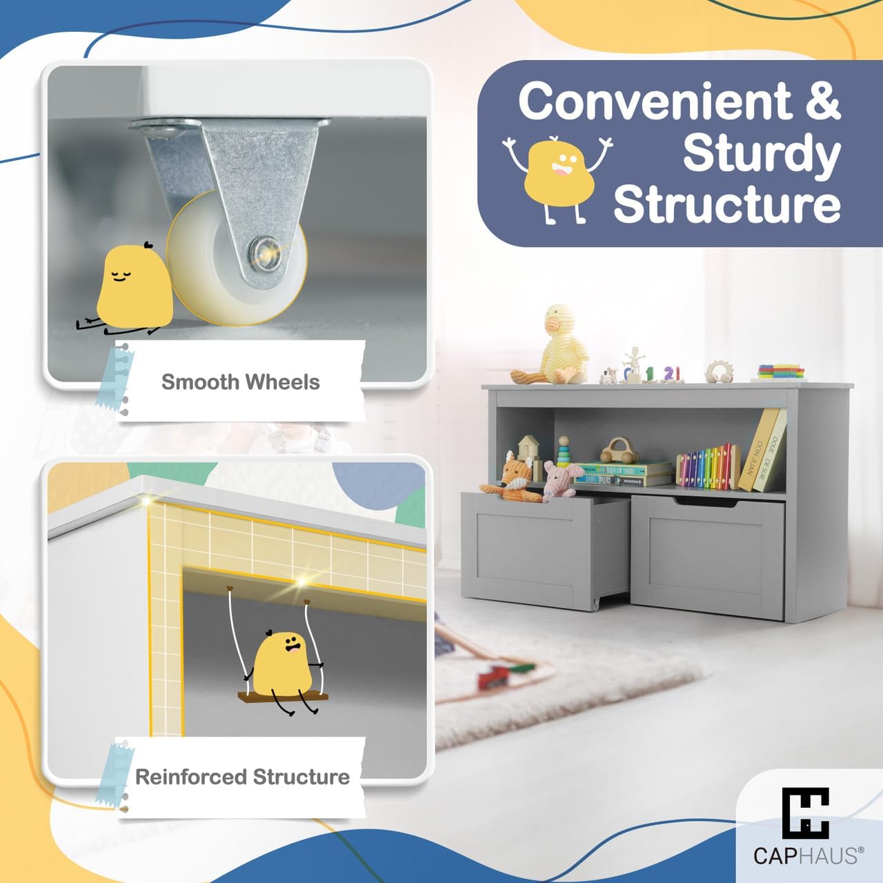 Close-up images showing smooth wheels on the drawers and a reinforced structure of the organizer.