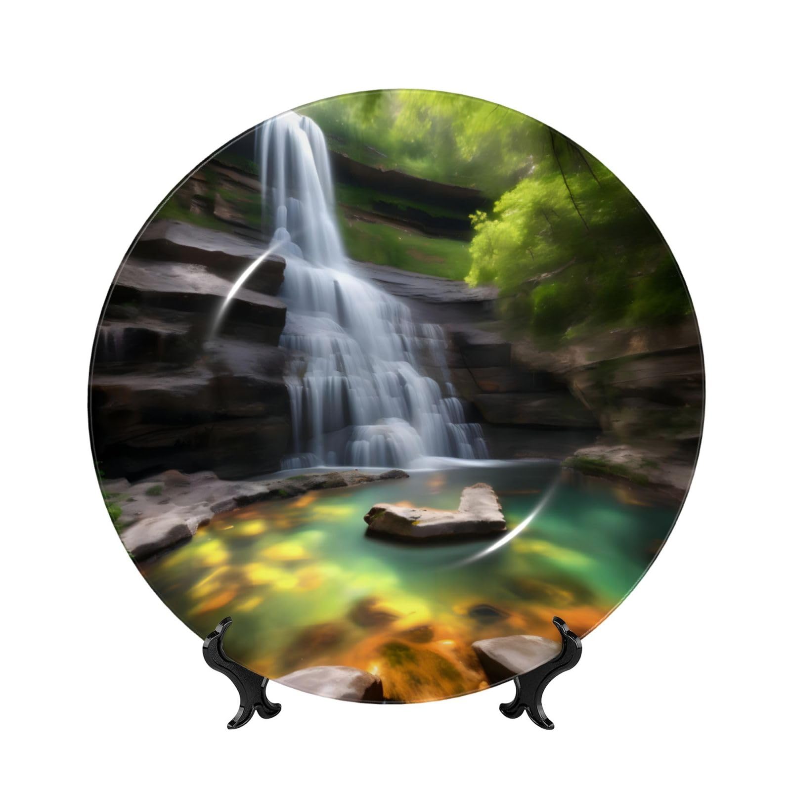 SXZVVBN Waterfall Views Bone China Decorative Plate Art with Stand Removable Adhesive Hanging for Home Office 6in（15cm）