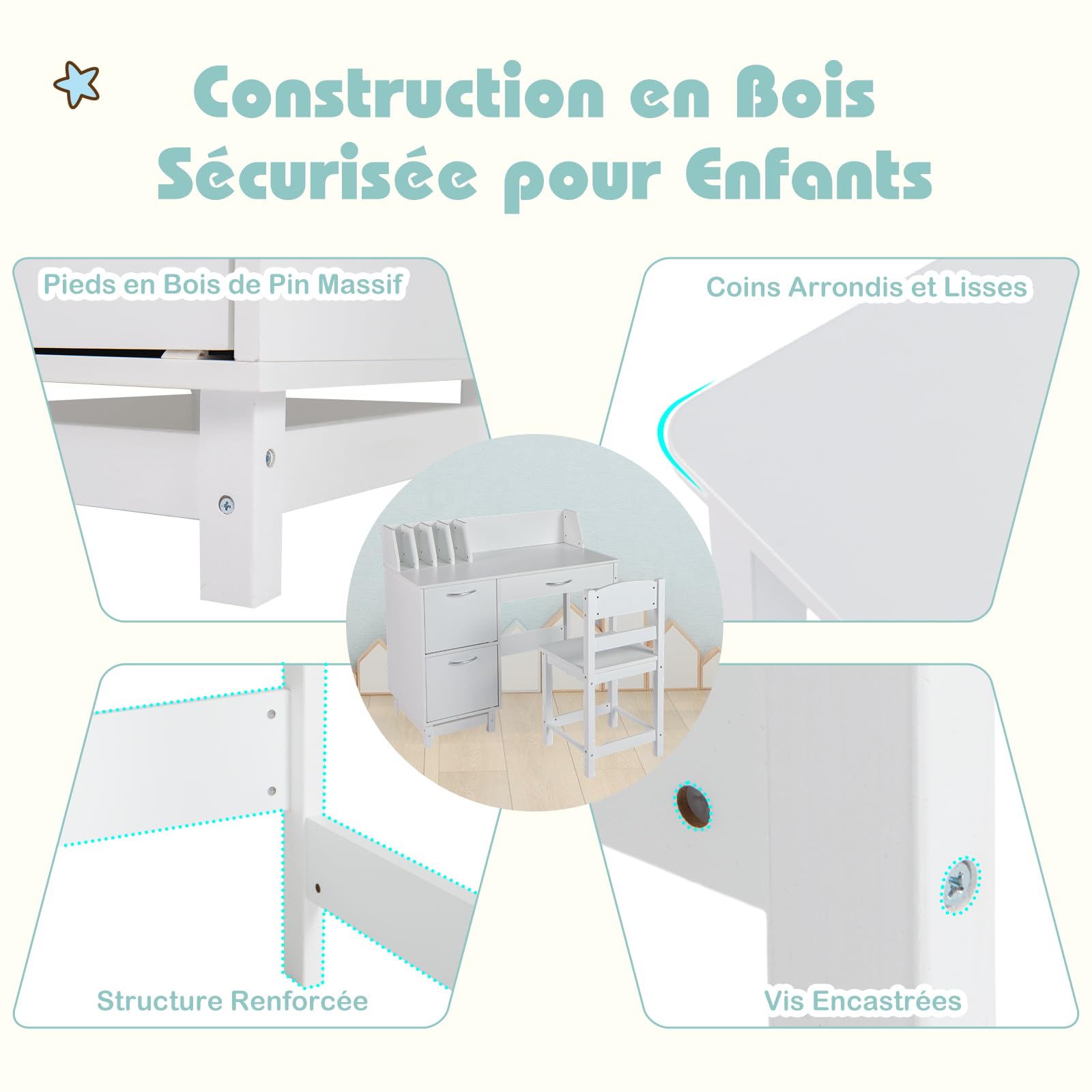GOPLUS Bureau Enfant Fille Garçon, Table Enfant avec Chaise pour Dessiner, Lire, Bureau avec Rangement 1 Tiroir 2 Armoires, Table d'Étude en Bois pour Chambre, Maternelle (Blanc)
