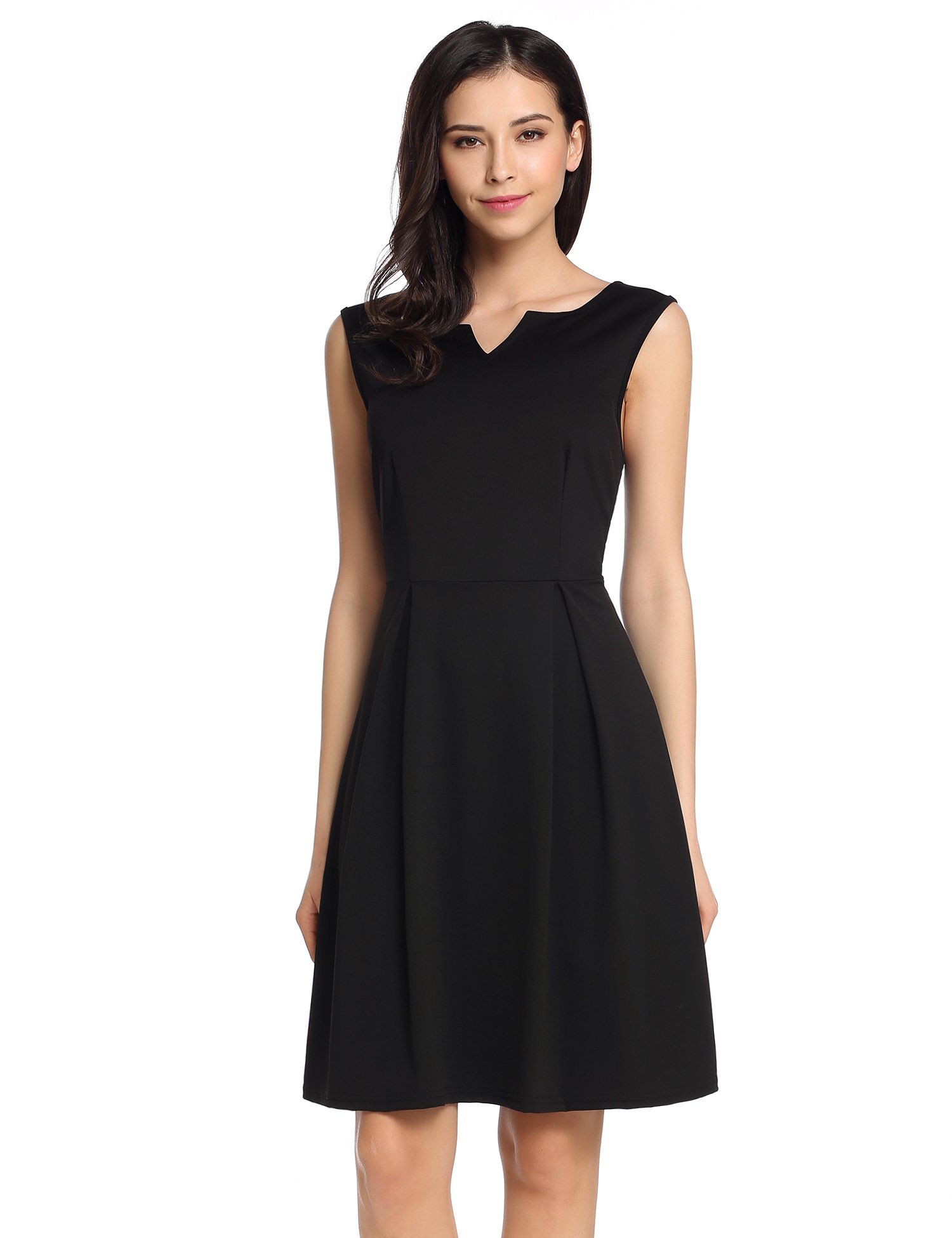 Meaneor Damen Kleider A-Linie Skaterkleid Ärmellos V-Ausschnitt Elegant Slim Fit Knielang Rock Rücken Tief-V-Ausschnitt Abendkleid Sommerkleid Cocktailkleid Partykleid