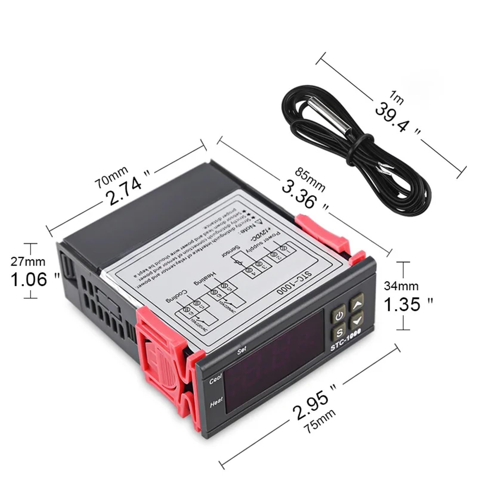 Termostato digital STC 1000 for incubadora, controlador de temperatura, relé de calefacción y refrigeración, 12 V, 24 V, 110 V y 220 V.(12V)