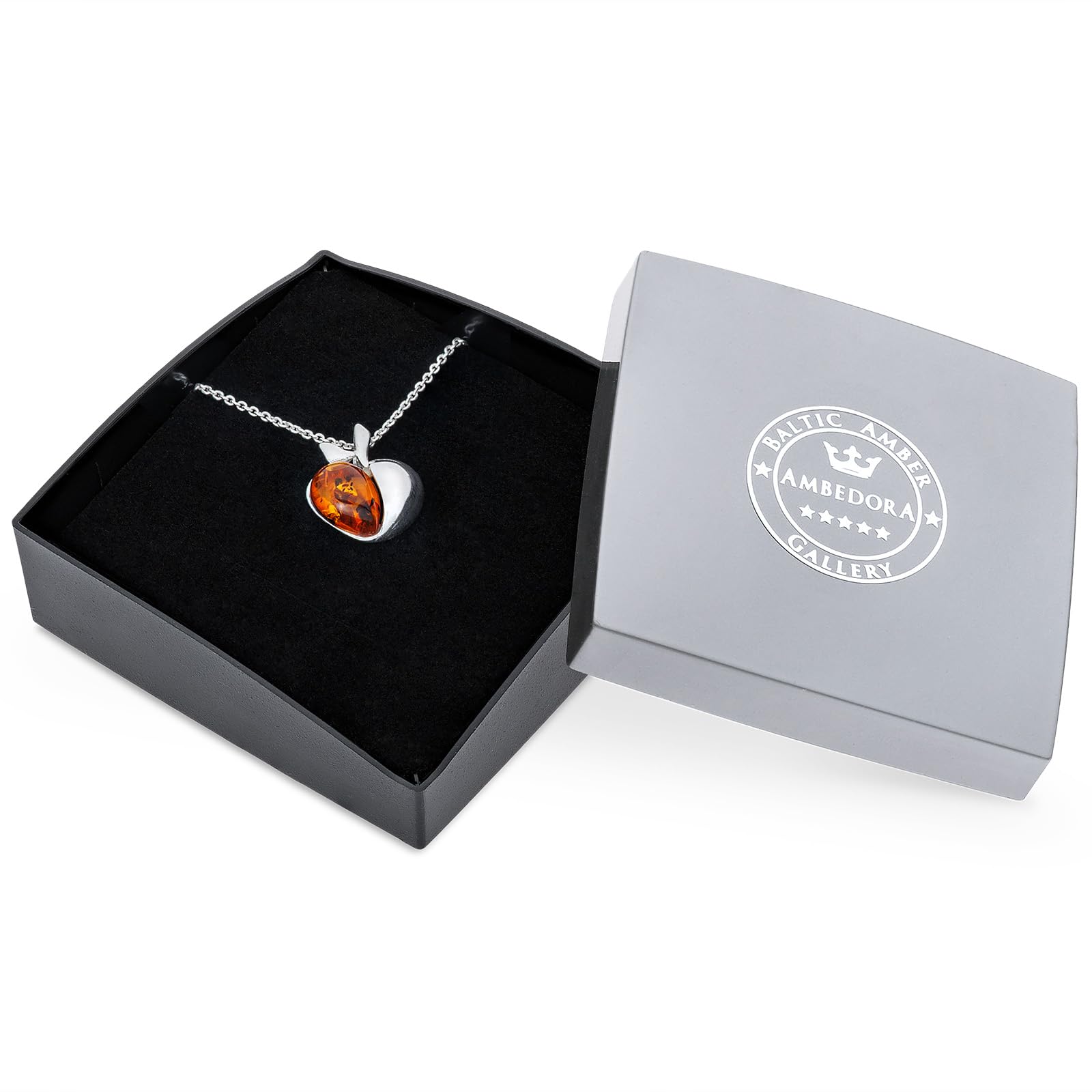 Collar pequeño de manzana para mujer con ámbar, plata de ley pulida, ámbar báltico en color coñac, colgante de plata con cadena, Plata esterlina, Ámbar