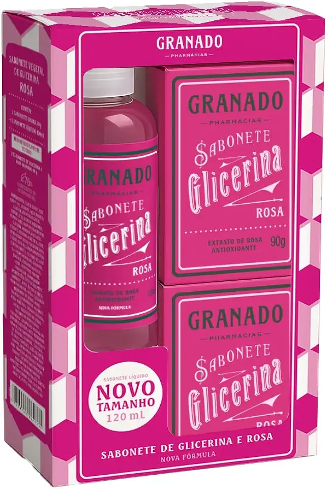 Granado Kit, Glicerina, 2 Sabonetes Barra,90g + Sabonete Líquido Rosa 120ml