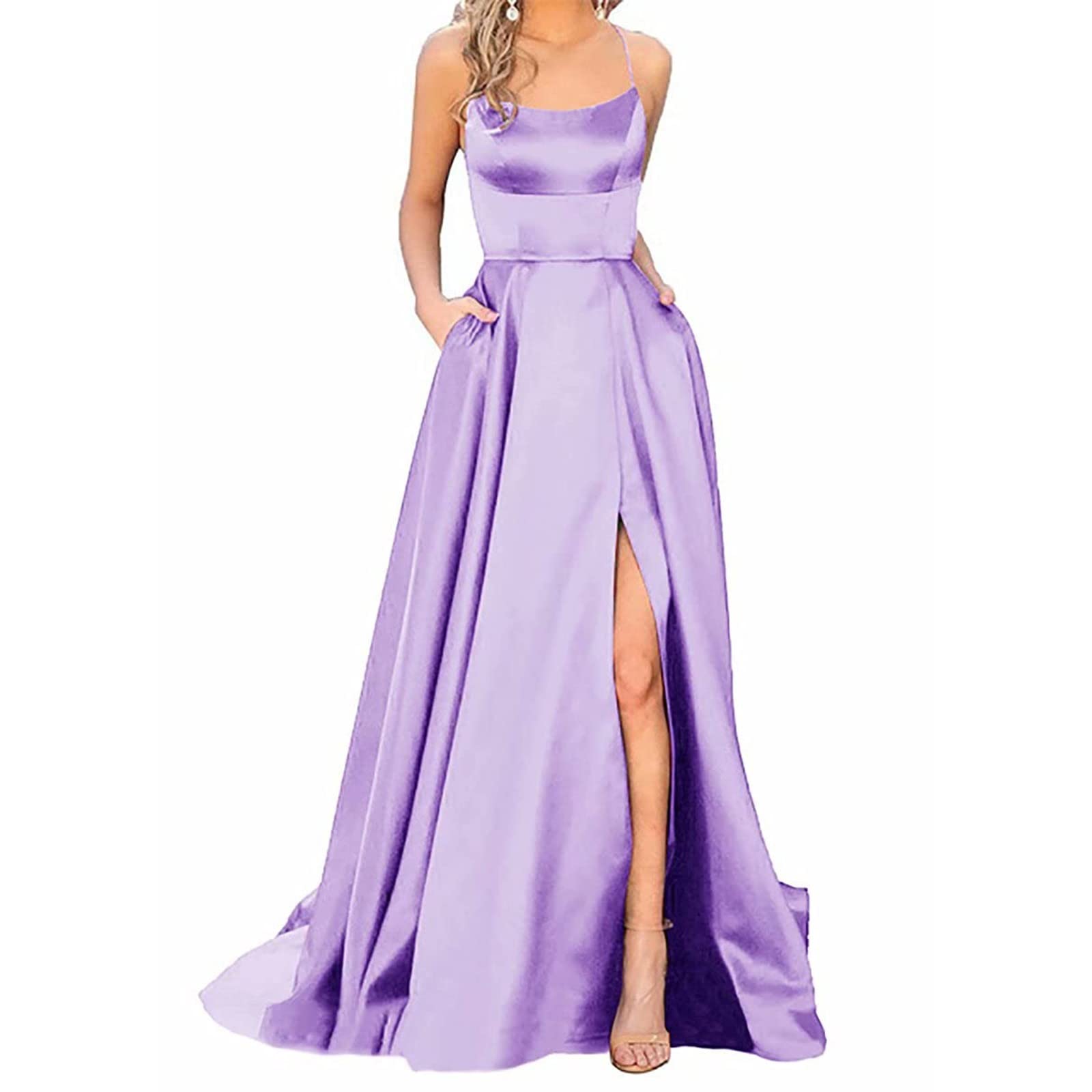 Generisch Robe de bal longue et élégante pour femme Dos nu en satin avec bretelles spaghetti et fentes latérales Avec poches