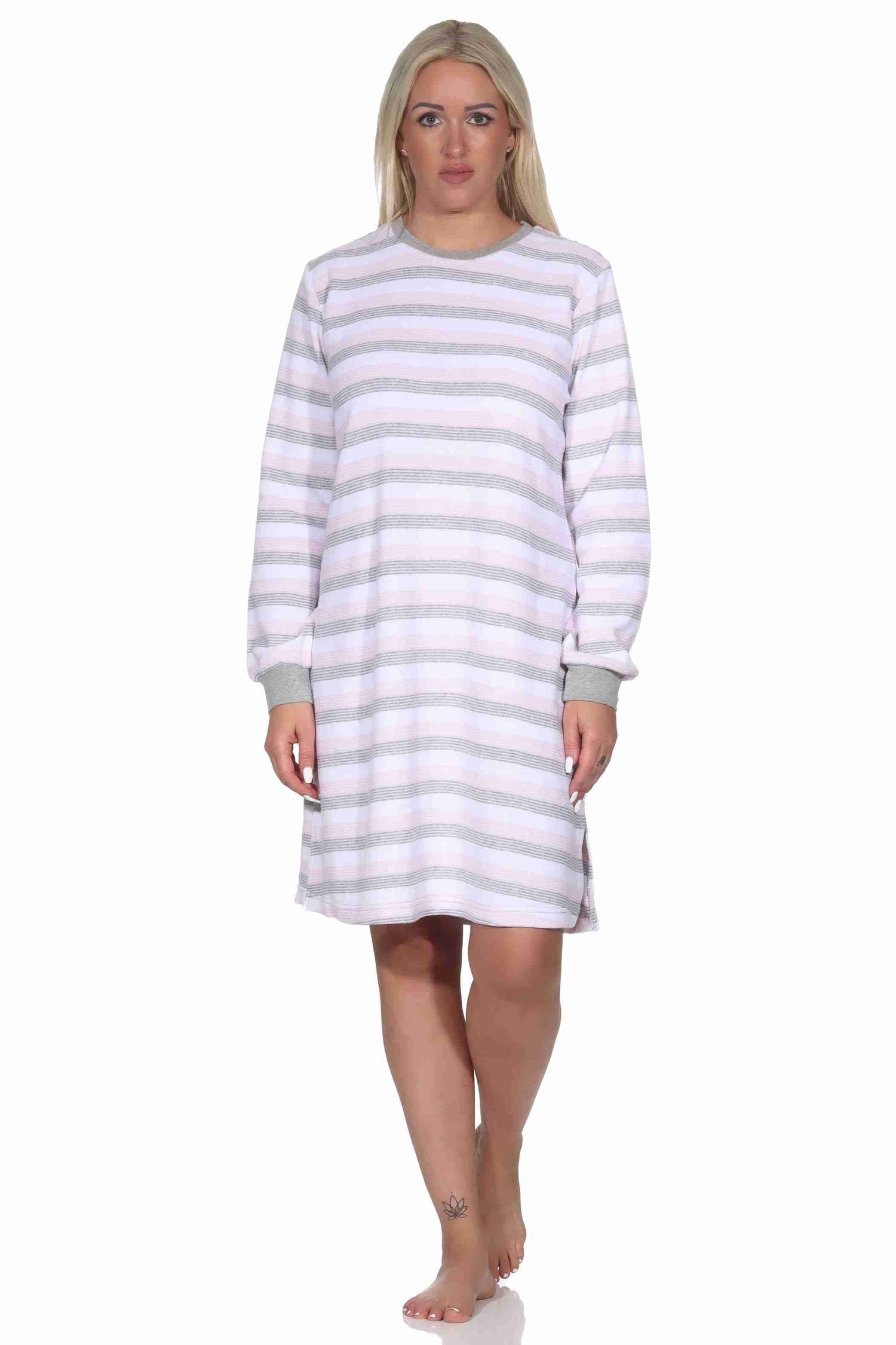 Normann Women's Terry Towelling Nightdress Long Sleeve with Cuffs - Block Stripe Look - Also Available in Plus Sizes, pink, 36-38