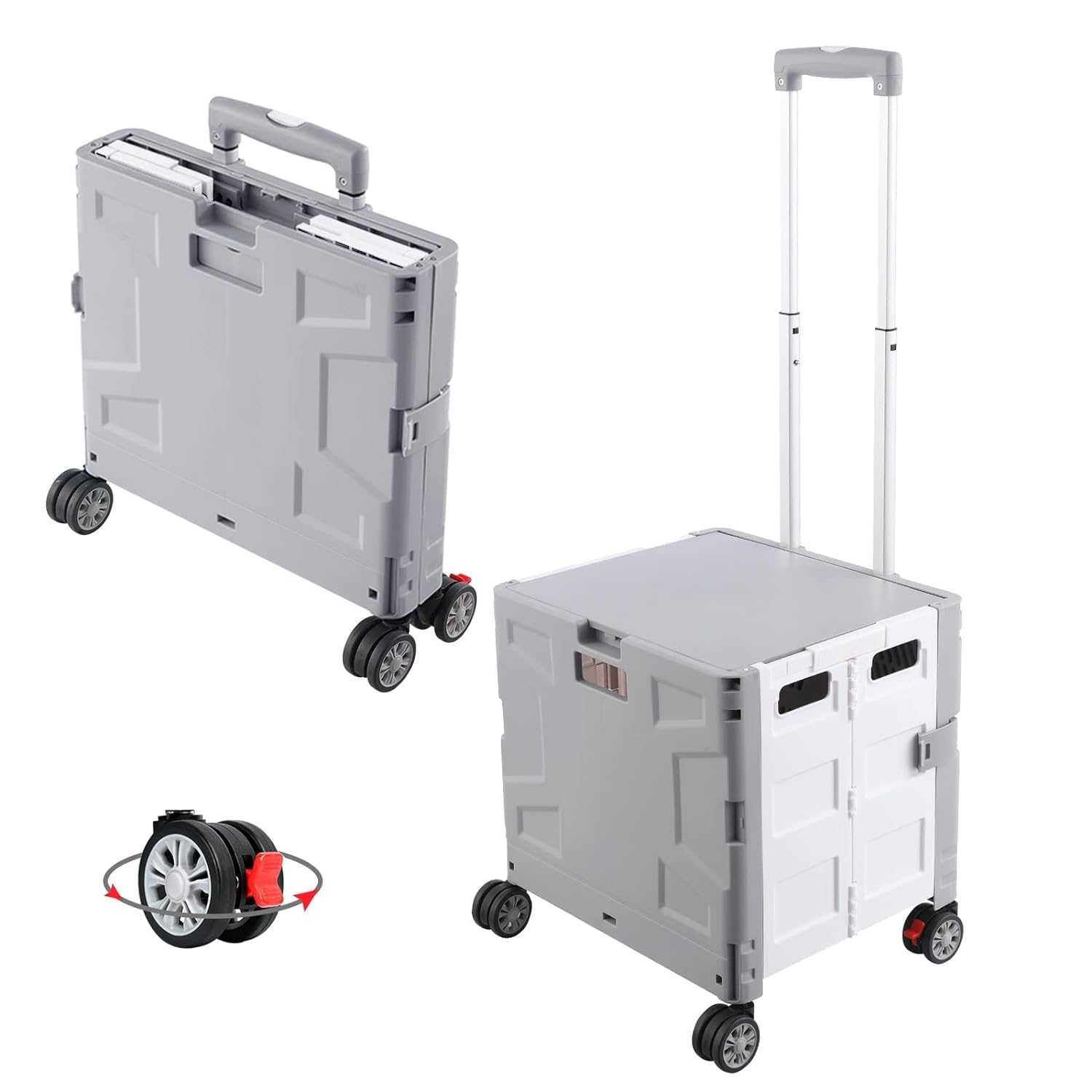 Folding Utility Cart Portable Rolling Crate Handcart, with Durable Heavy Duty Plastic Telescoping Handle Collapsible Hidden Lid 4Rotate Wheels for Travel Shopping (Gray White)