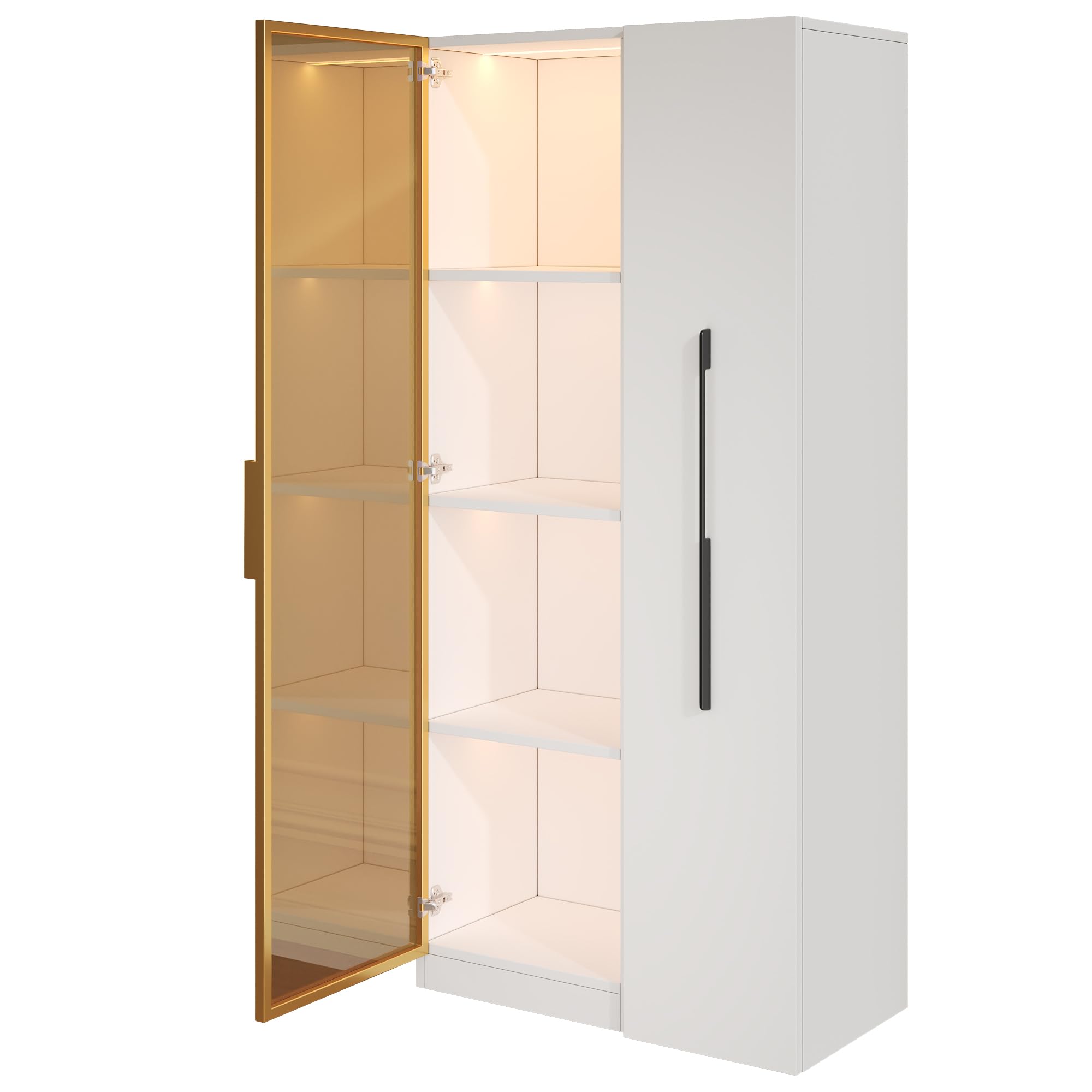 Vetrina di 70×40×160 cm con ante in vetro, cassetti laterali e illuminazione a LED integrata. Un mobile elegante e versatile, cantinetta per vini, libreria o mobile da sala da pranzo.