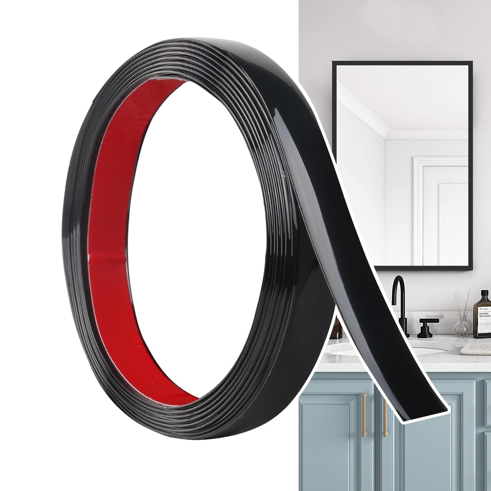 Hengrongshen Self Adhesive Moulding Trim Matte Black (6M x 2cm) Flexible PVC Peel and Stick Wall Trim Decorative Edge Strip for Wall, Tile, Mirror, Window, Cabinet, Bathroom, DIY Trim — image 1