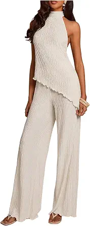 MakeMeChic Women's 2 Piece Asymmetrical Halter Tops and Pants Set