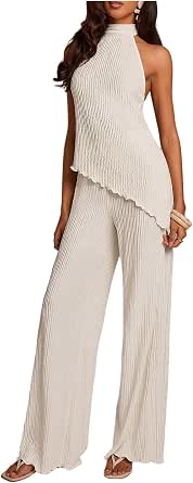 MakeMeChic Women's 2 Piece Set Asymmetrical Halter Tops Pants Sets