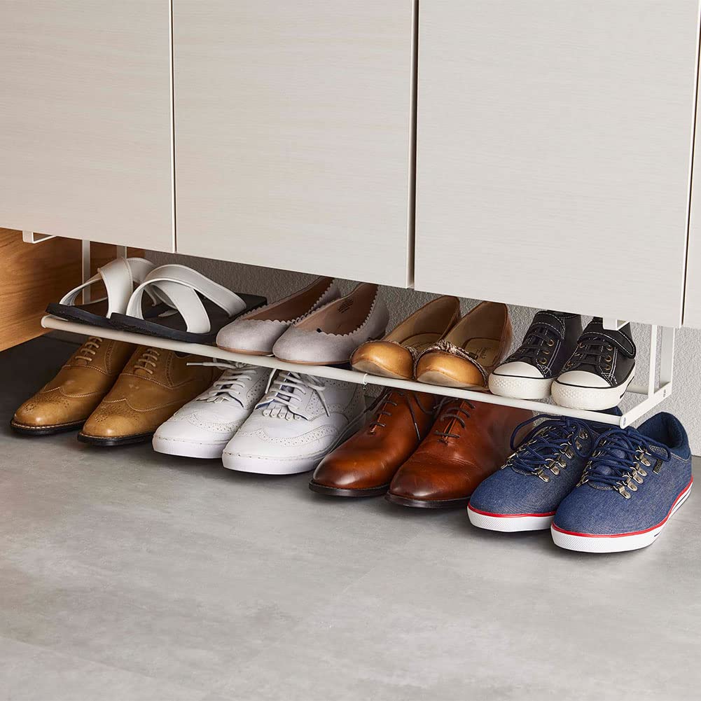 Yamazaki Industries White Floating Telescopic Shoe Rack, W 17.9-31.5 x D 8.1 x H 6.1 inches, Steel, Space Saving, Shoe Storage