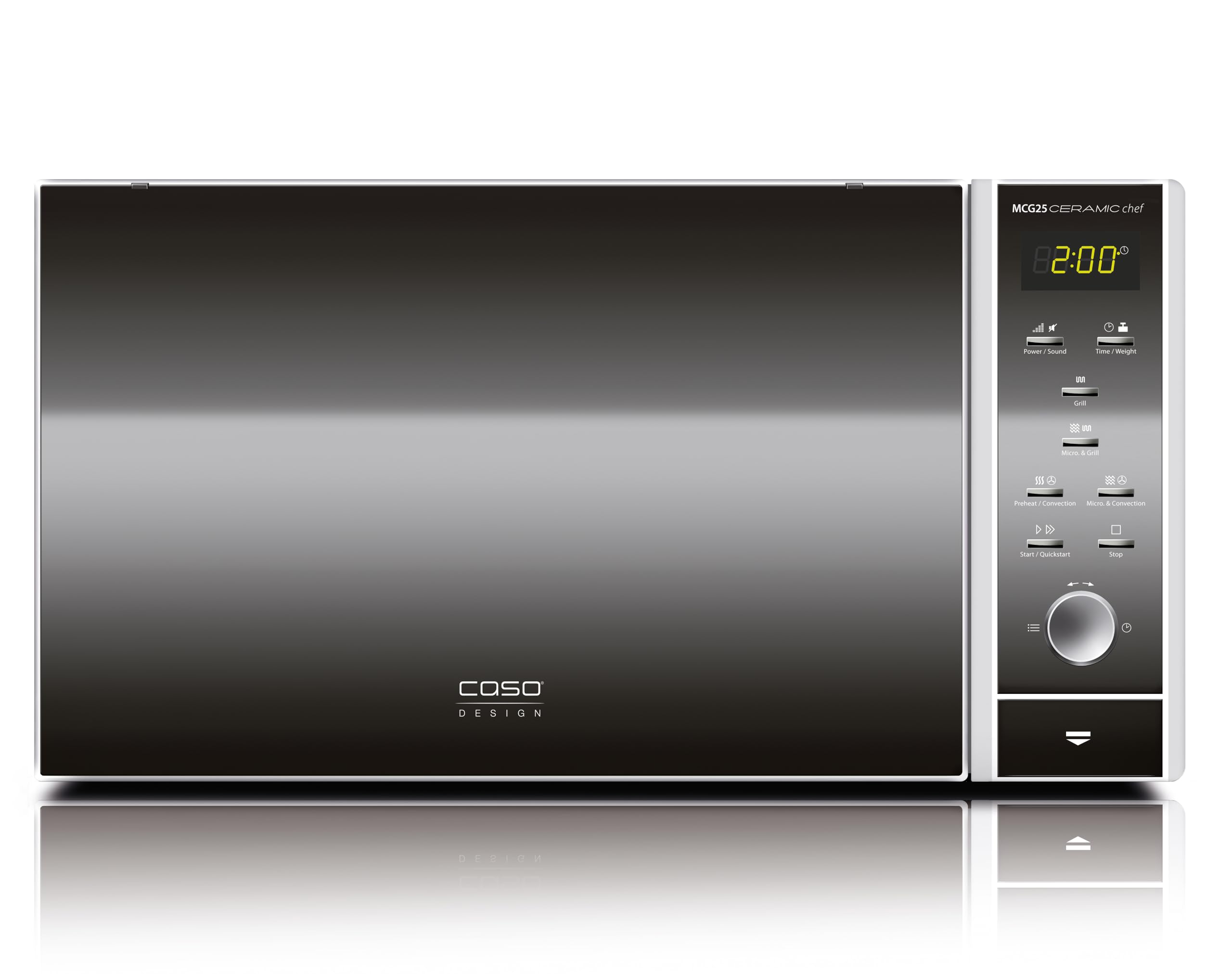 CASO MCG 25 Ceramic chef - microondas 3 en 1 sin plato giratorio de 900W con grill de 1200W y aire caliente de 2050W - Capacidad de 25L - pantella digital, frontal espejado - acero inoxidable y negro