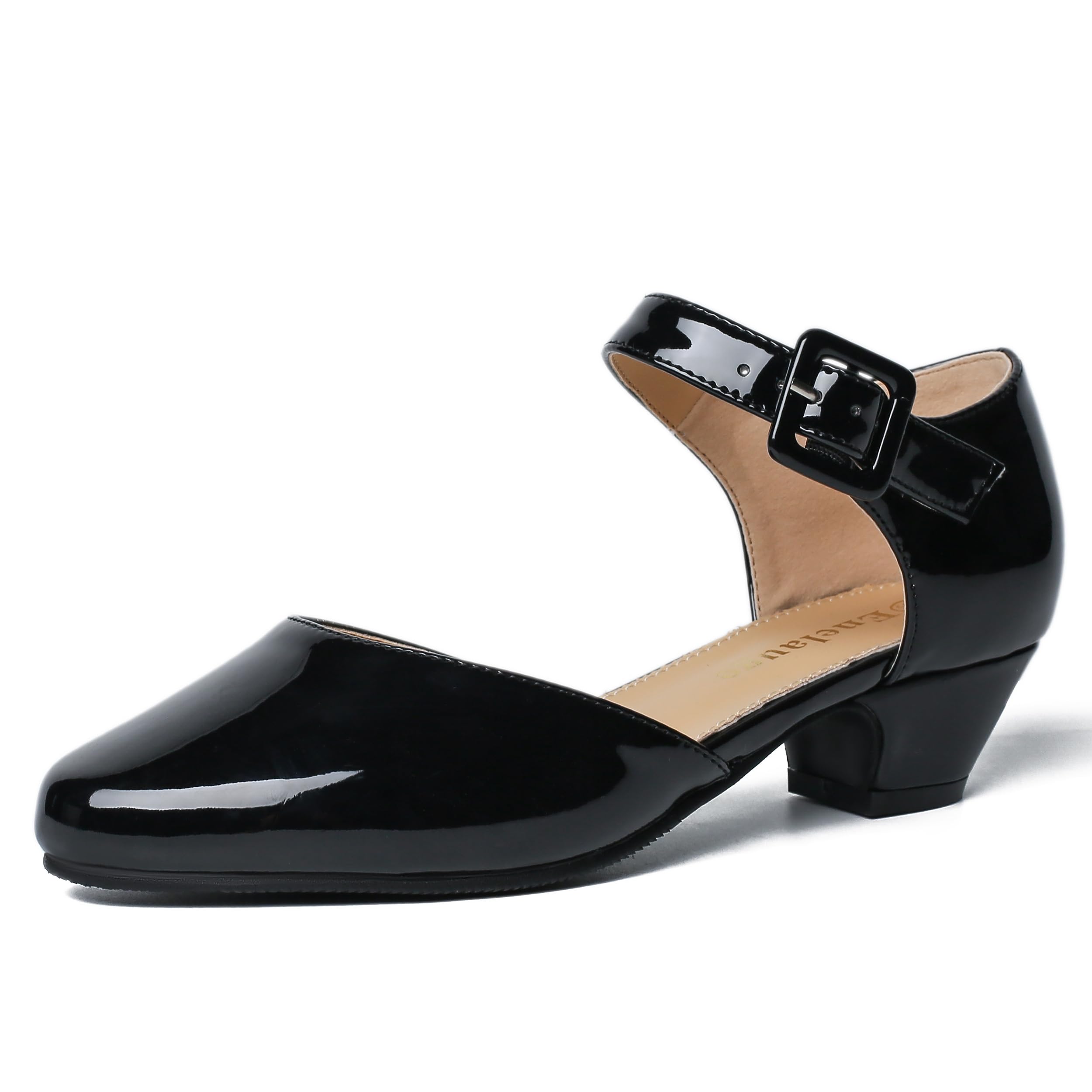 Enelauge Women's Closed Toe Low Block Heels Ankle Buckle Strap D'Orsay Pumps Comfortable Chunky Heel Dress Work Church Shoes