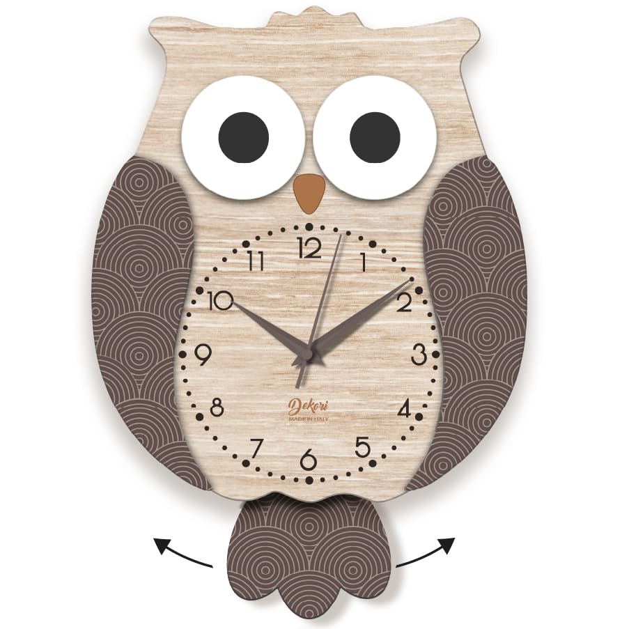 DEKORI – Orologio da Parete a Pendolo Gufo in Legno, Design Decorativo Moderno, Silenzioso, 25x34 cm