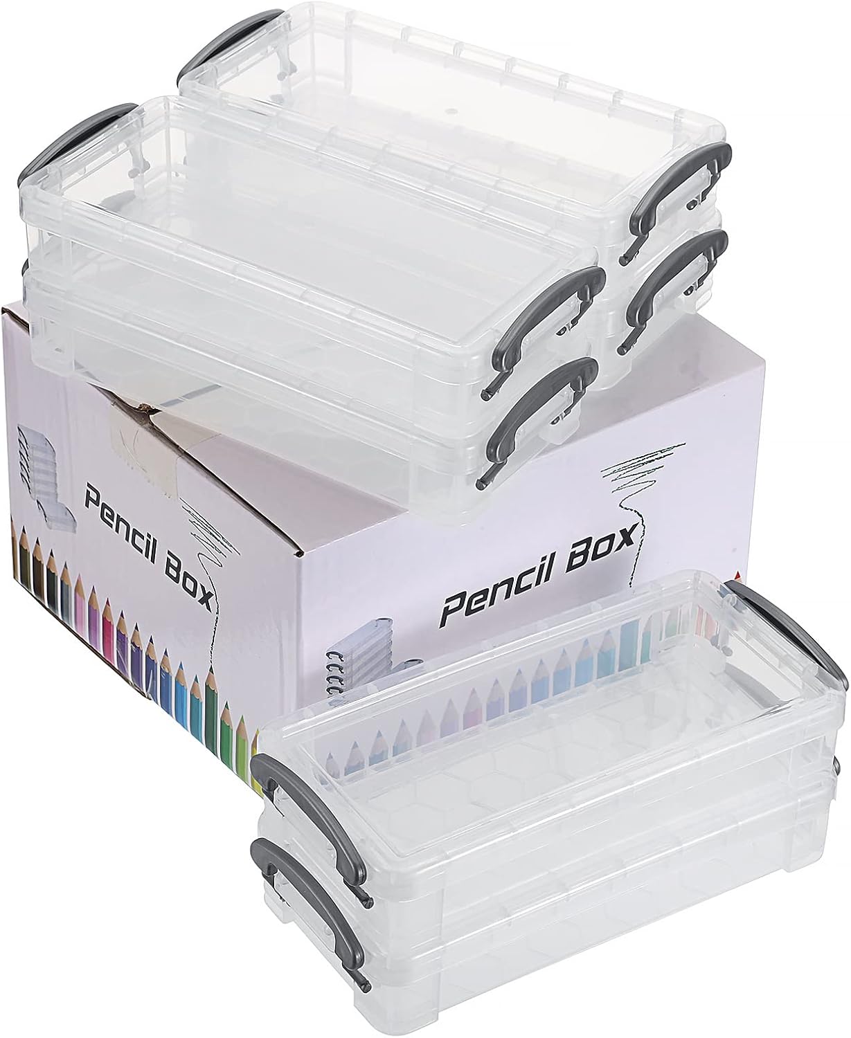 BTSKY Large Capacity Pencil Box, Office Supplies Storage Organizer Box, Brush Painting Pencils Storage Box Watercolor Pen Container Drawing Tools(6 Pack Clear) - Image 7