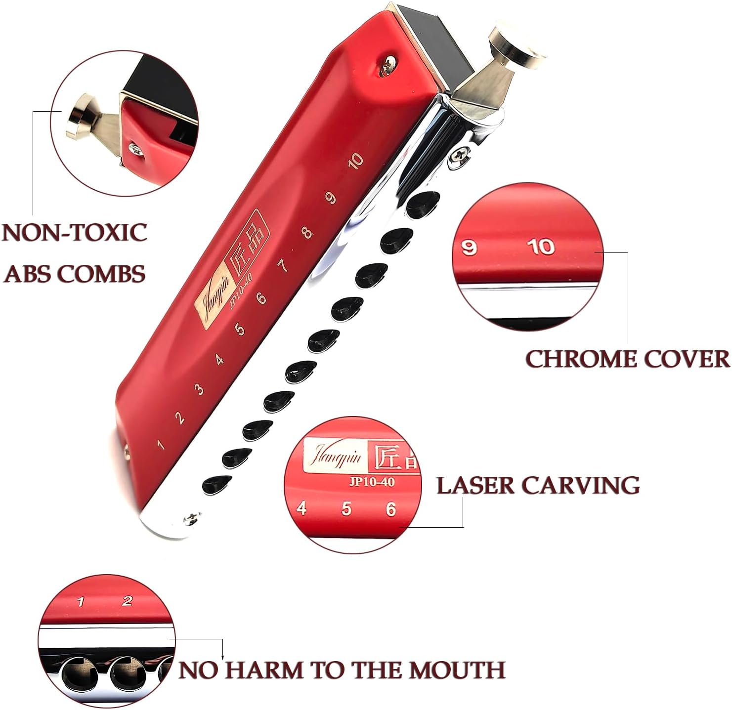 JP10-40 10 Hole Chromatic Harmonica Professional Performance C key Mouth Organ for Beginners and Students to Start Learning Harmonica (JP 10-40 Red)