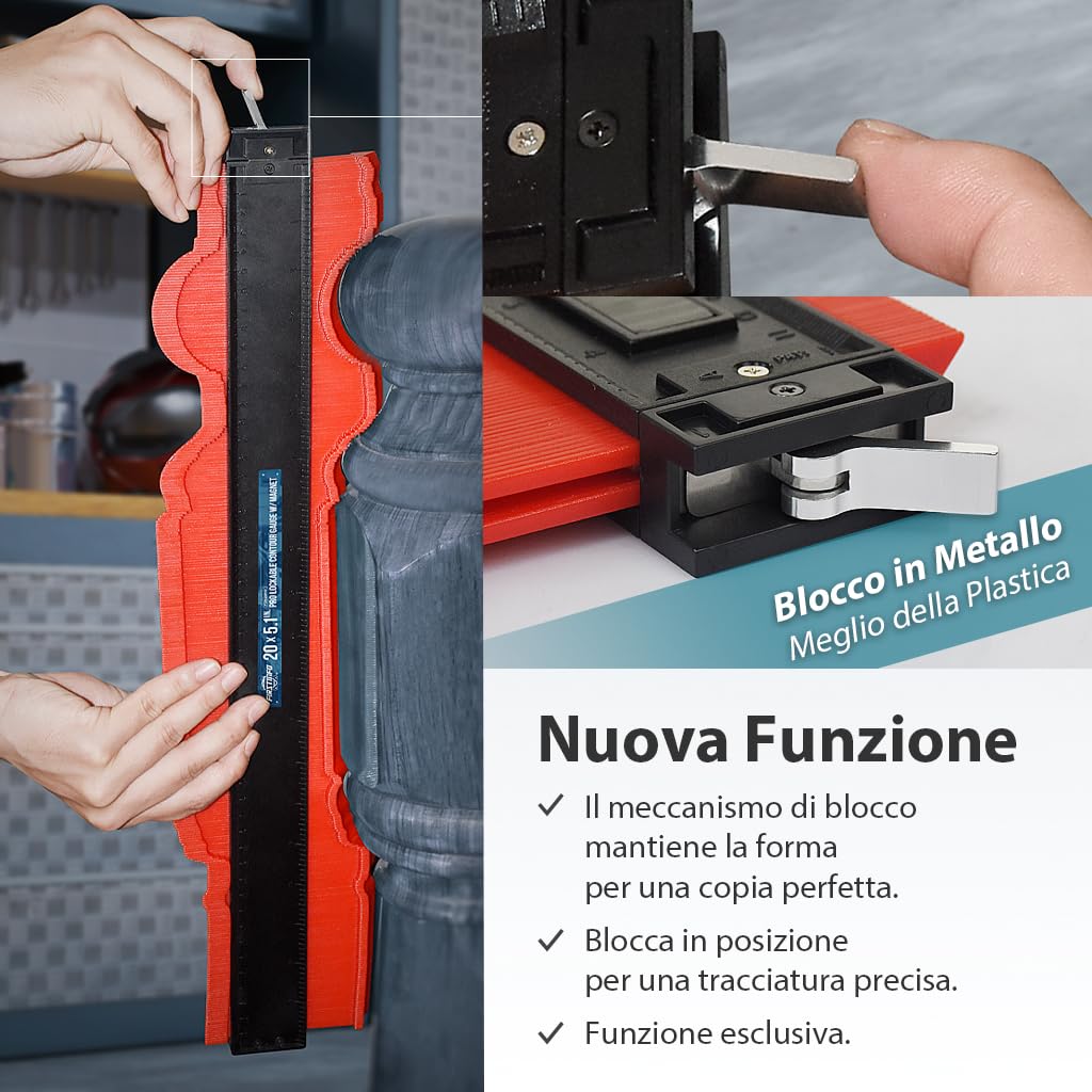 FIRSTINFO F3946EW | Misuratore di profilo | Contour Duplicator Gauge con Serratura | serratura in metallo | per piastrelle, laminato e lavorazione del legno