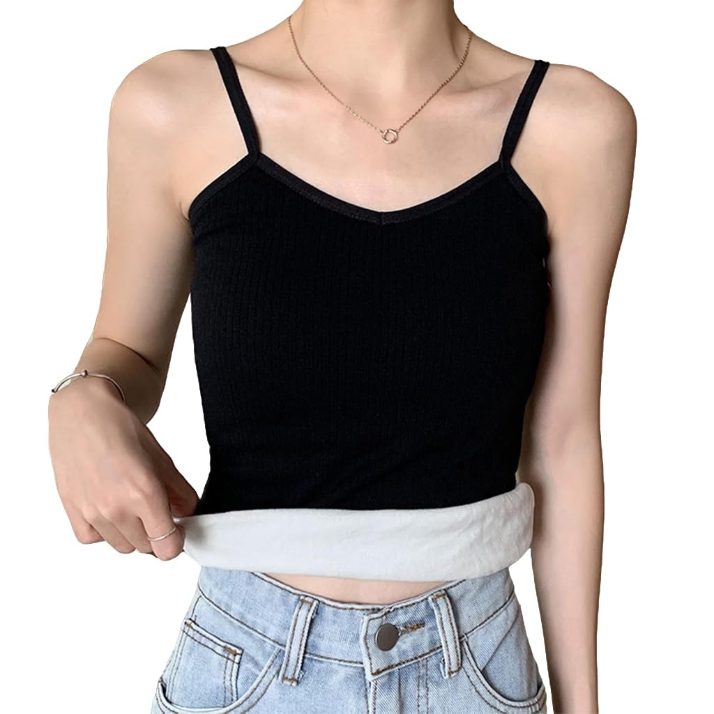 palay Thermal Wear for Women Set V Neck Fleece Lined Thermal Top Winter Inner Wear Slim Fit Cotton Warmer Underwear Tops Camisole Thermals Comfy Stretchy Base Layer Vest Thermal for Women - Black-picture-31