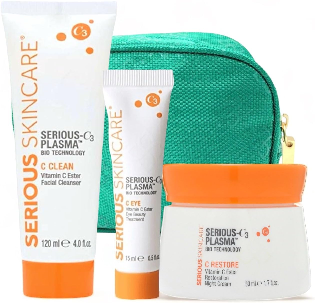 Vitamin C & Collagen Skin Care Set - Reduce Wrinkles, Brightening - C-Restore Night Cream Moisturizer for Face, Eye Treatment Gel & C Clean Face Cleanser - Deep Hydration - Serious Skincare C3