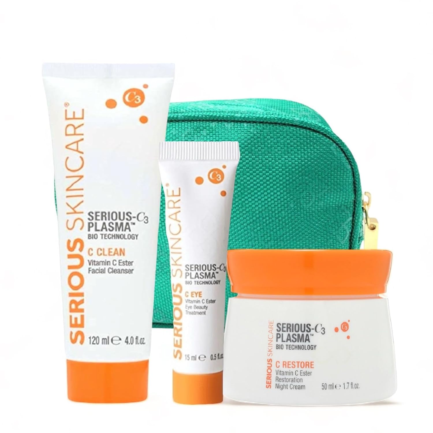 Serious Skincare – C3 Vitamin C Night Skin Care Set – C-Restore Night Cream Moisturizer, C Eye Treatment & C Clean Face Cleanser – Makeup Bag – Hydrolyzed Collagen – Deep Hydration for Mature Dry Skin