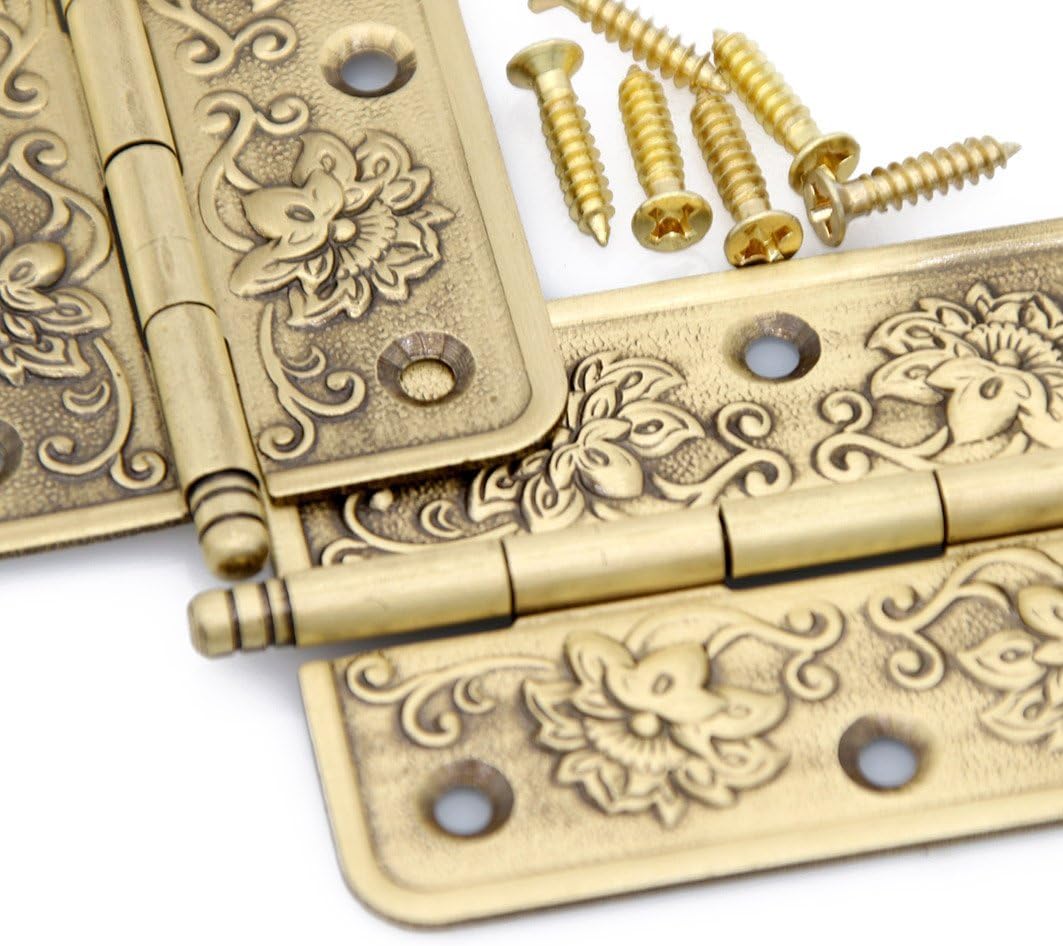 6 PCs Embossed Brass Hinges - Decorative Flap Hinges with Flower Patterns for Wooden Chest Trunck Cabinet Cupboard, Plate Length 2.6" (65 mm)