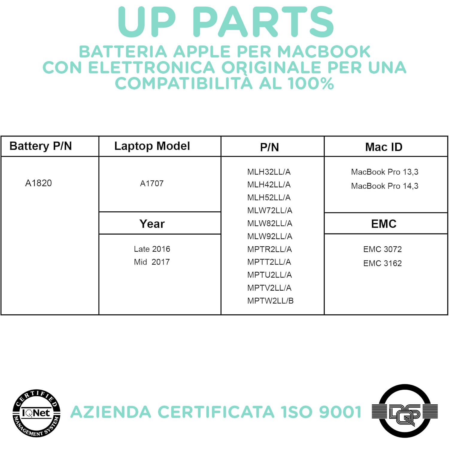 Batteria compatibile A1820 per Macbook Pro 15" A1707 (anno 2016, 2017) 11.4V 6660 mAh Kit Montaggio