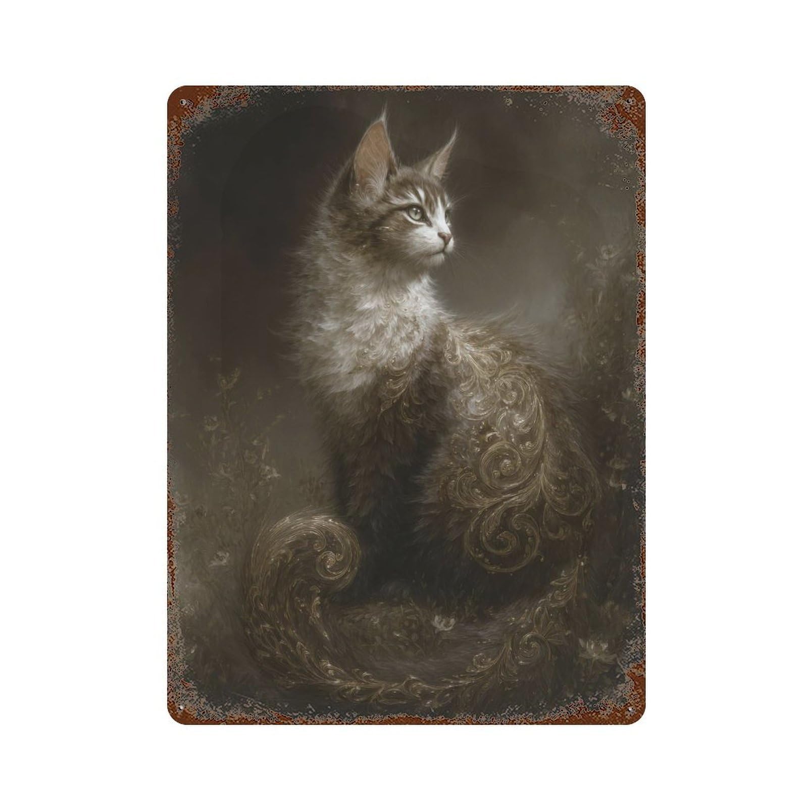 Vintage Rust Metal Sign Fantasy Cat Artwork 15.7"x11.8", Old School Wall Decor for Office, Studio And Wall Decor