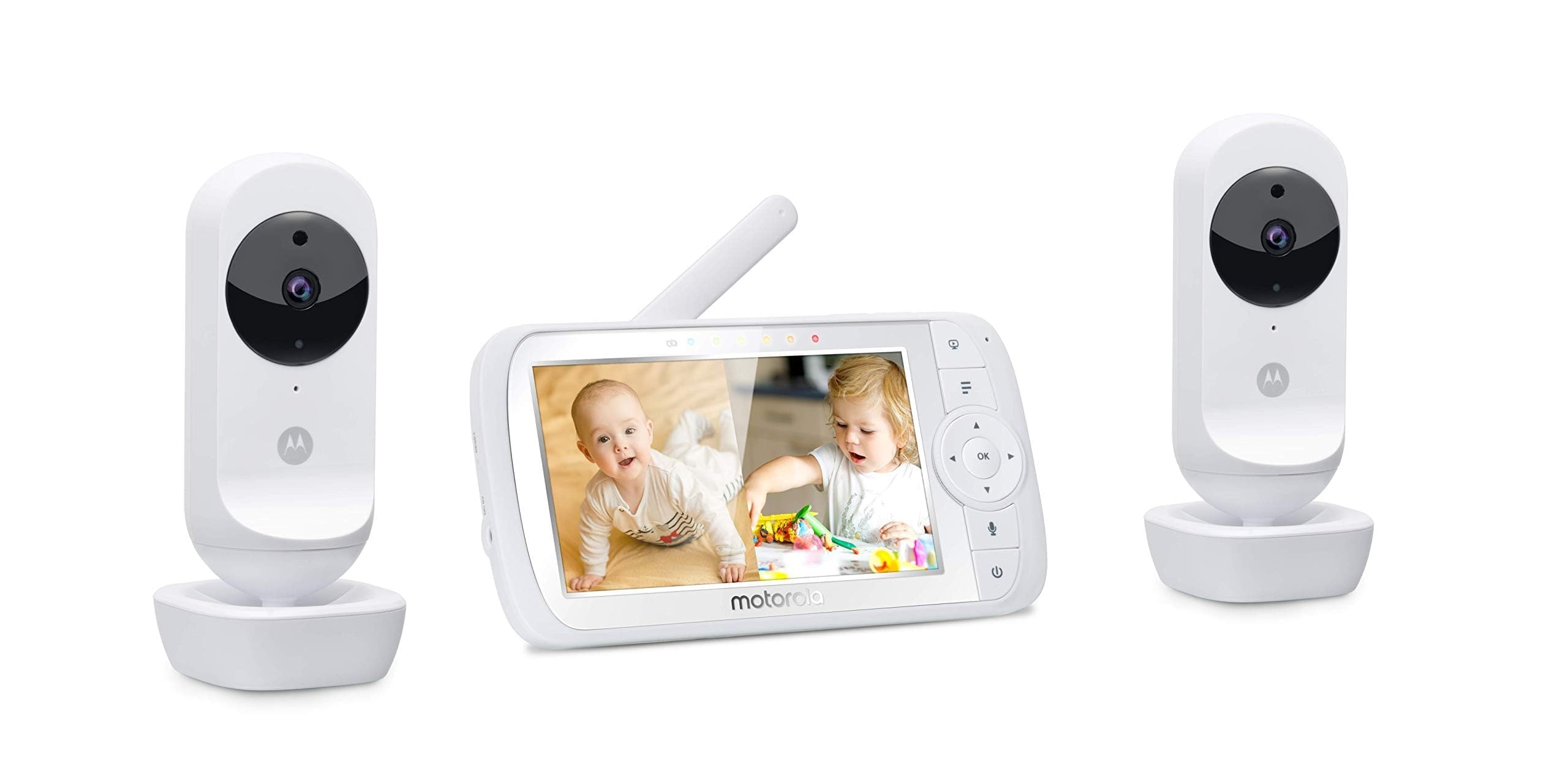 Motorola Nursery VM35-2/Ease 35-2 Baby Monitor con 2 Telecamere, Schermo da 5.0 pollici, Display a schermo diviso, Visione Notturna, Comunicazione Bidirezionale, Monitoraggio Temperatura, Bianco